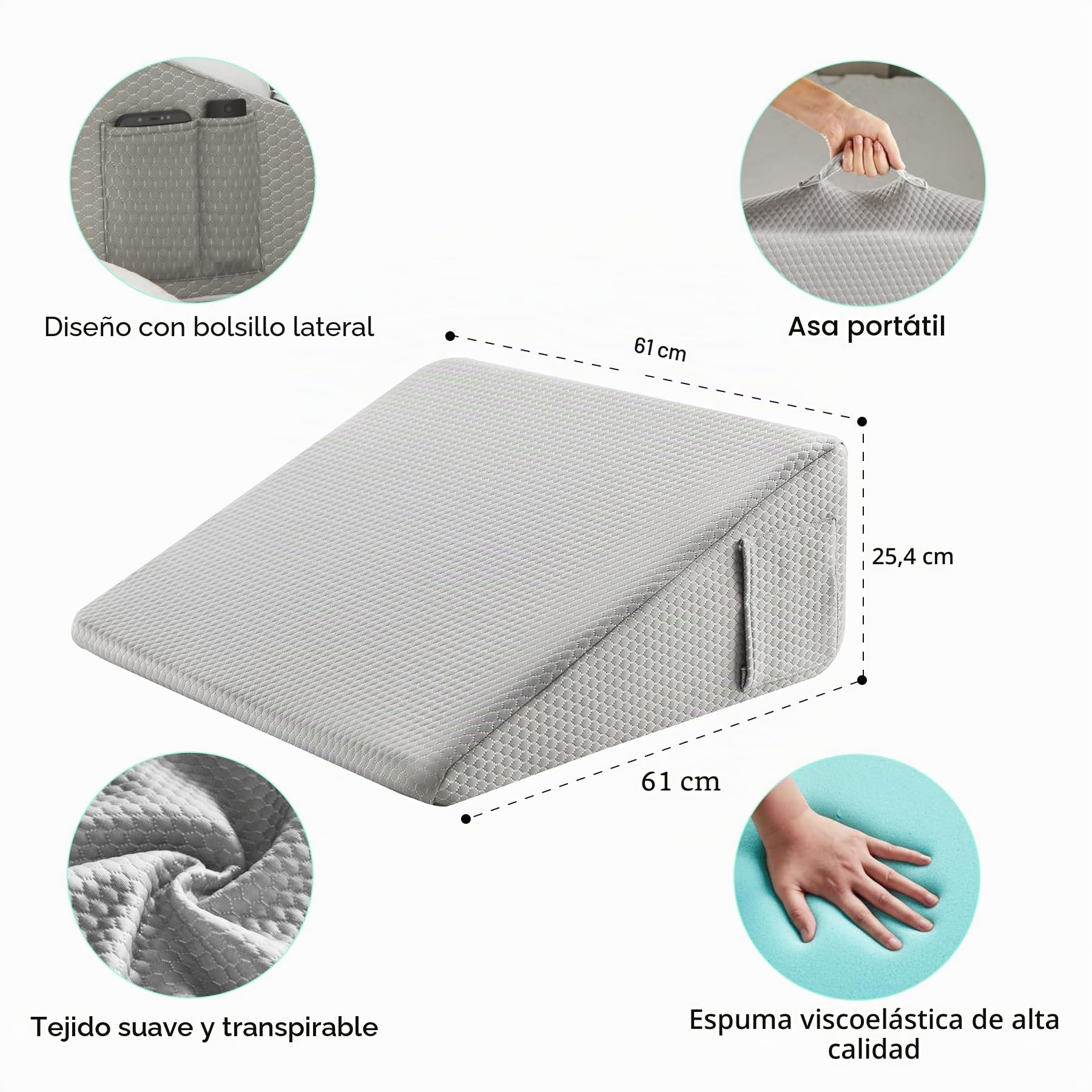 Bedluxe Almohada de cuña de 25 cm para cabecero, Alivio de reflujo ácido, Dolor de Espalda y ronquidos, con Espuma viscoelástica refrescante, Gris