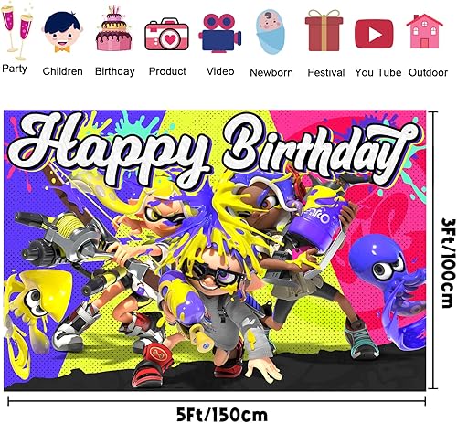Miniatura 3 de Splashtoon - Suministros para fiesta de cumpleaños telón de fondo de cumpleaños de 5 x 3 pies decoración de fiesta de salpicaderos suministros de