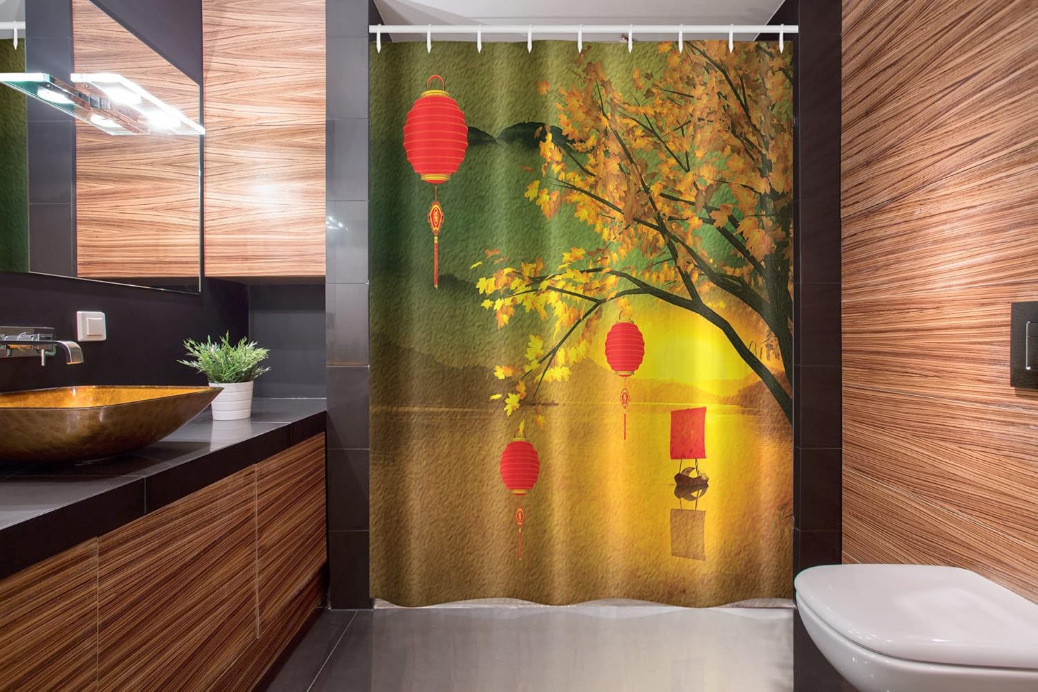 Ambesonne Oriental Stall Shower Curtain, Traditional Chinese Folk Hanging from Pale Fall Trees Lake Faded Nature Photo, Fabric Bathroom Decor Set with Hooks, 54" W x 78" L, Earth Yellow Vermilion