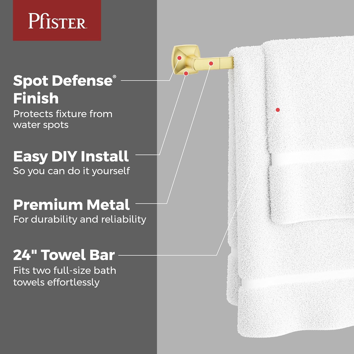 Pfister Vaneri Bath Towel Bar for Bathroom, 24-Inch, Wall-Mounted, Screw-in, Brushed Gold Finish, BTBVRI2BG