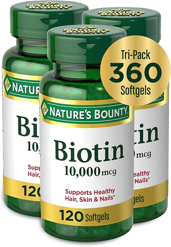 Vitaminas Nature's Bounty Biotina para Cabello, Piel y Uñas, 10,000 mcg, 120 cápsulas blandas, paquete de 3