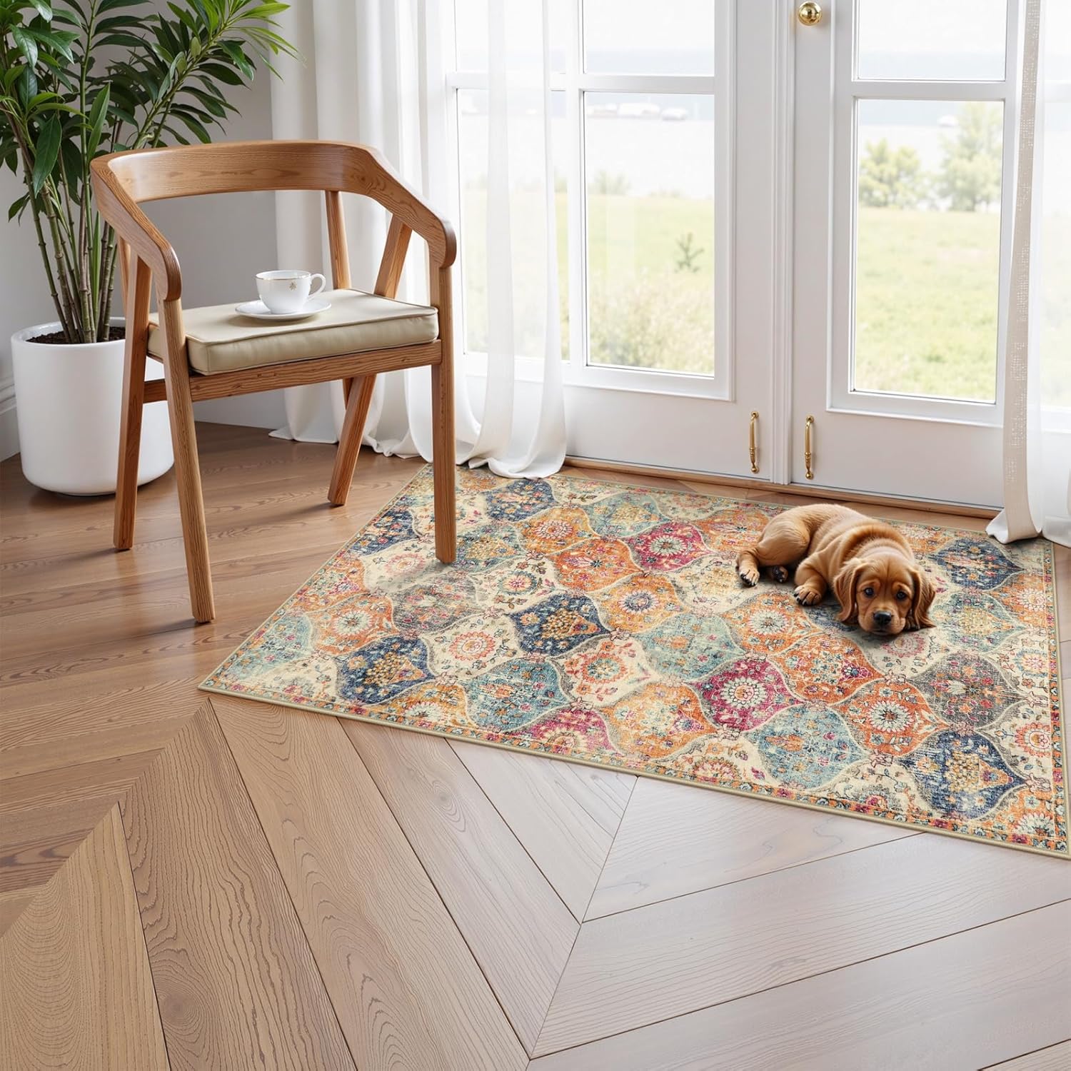 Lahome Kitchen Rugs Non Slip Washable Rugs for Entryway, 2x4 Rug Non-Slip Moroccan Trellis Ultra-Thin Indoor Door Mat Small Carpet for Bathroom Bedroom Entry, Cream/Multi - Image 7