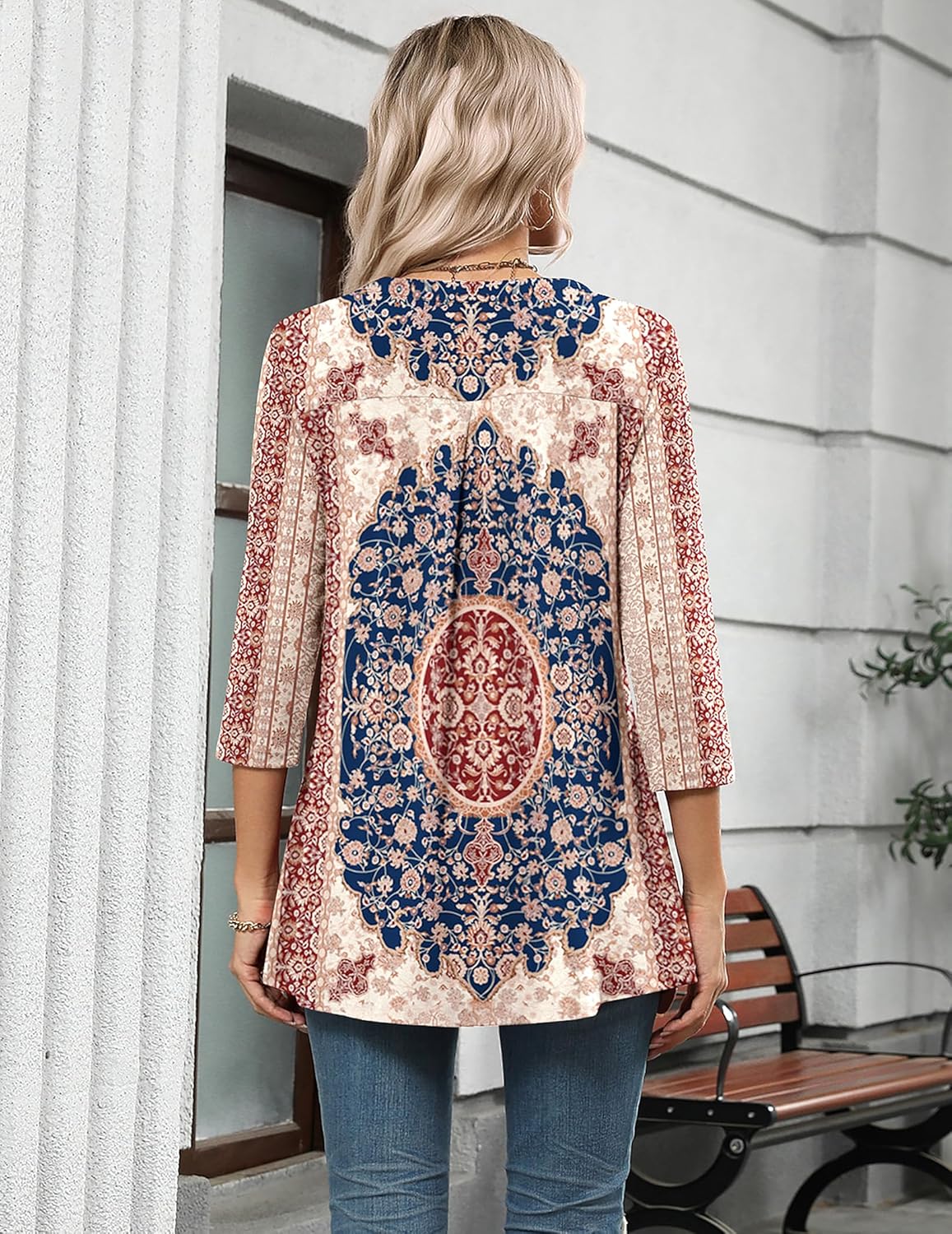 Zeagoo Womens 3/4 Length Sleeve Tops V Neck Tunic Casual Dressy Blouse Floral Printed Shirts - Image 5