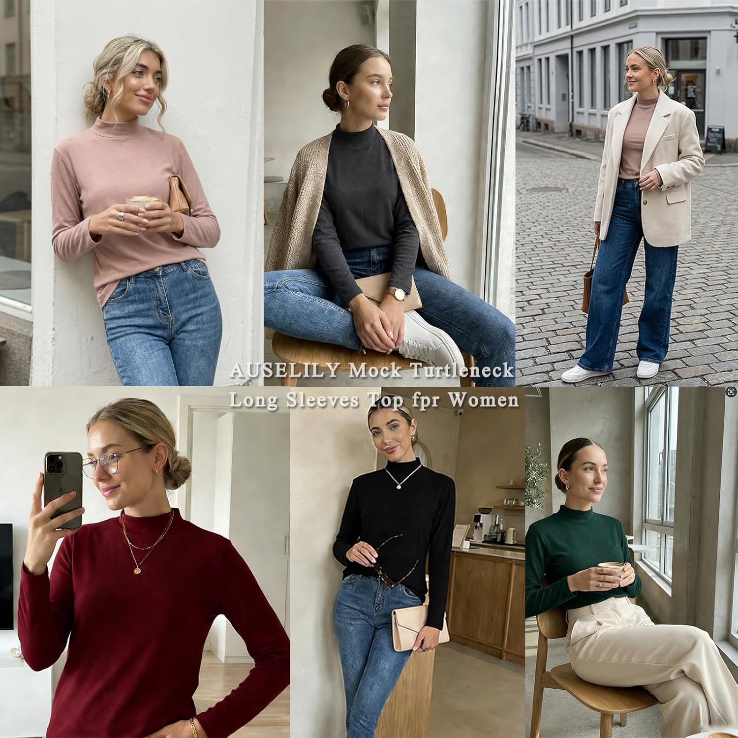 AUSELILY Turtleneck Tops for Women Mock Neck Long Sleeve Shirts Basic Lightweight Women Losse Fit Tops - Image 6