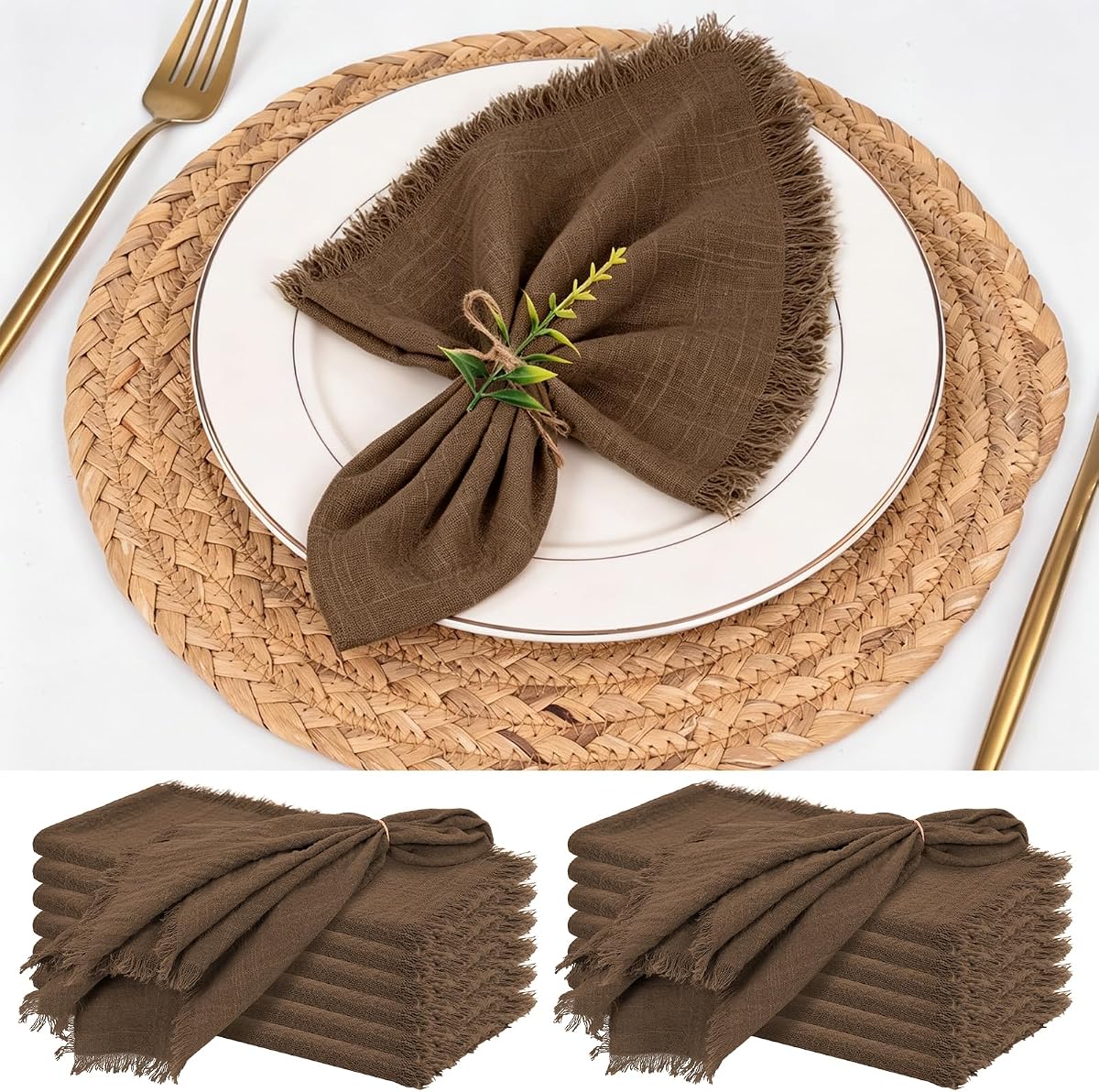 Servilletas de lino y algodón Pesonlook con flecos, 16 x 16 pulgadas, paquete de 12, marrón | Servilletas hechas a mano, servilleta con diseño de borlas, estilo bohemio, suave, transpirable, lavable, romántica, decoración para cenas y fiestas de bodas