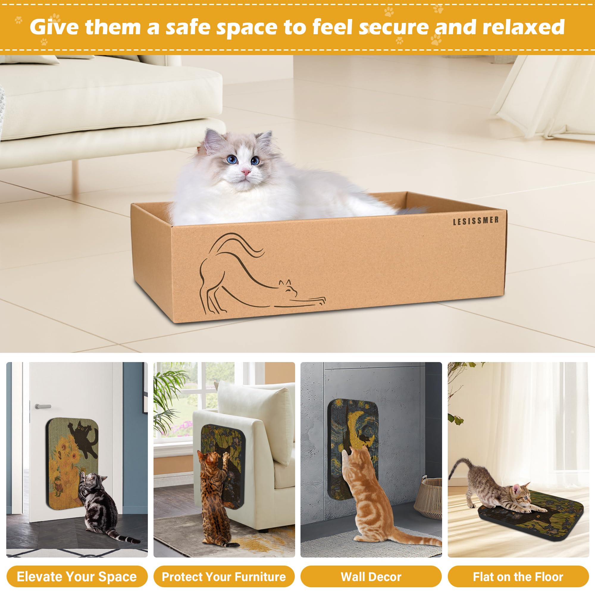 Paquete de 4 tablas de rascar para gatos con caja, rascador para gatos, almohadilla de cartón para gatos de interior (Serie 1)