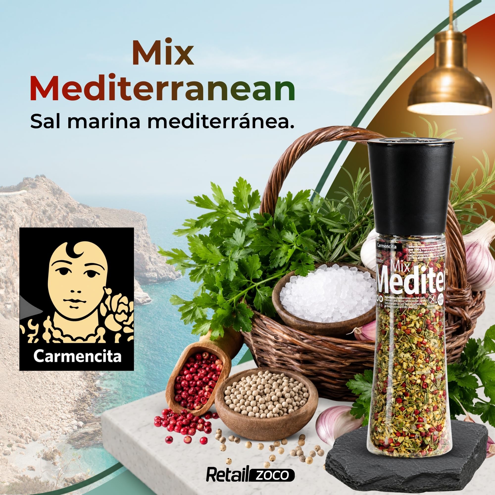 Sal Marina Mediterránea Mix Carmencita, Formato molinillo gigante, Ideal para Panes y crackers, Verduras, carnes y pescados, Ensaladas, Pasta, Marinados, Sin Gluten, Contiene 2 unidades de 190 g