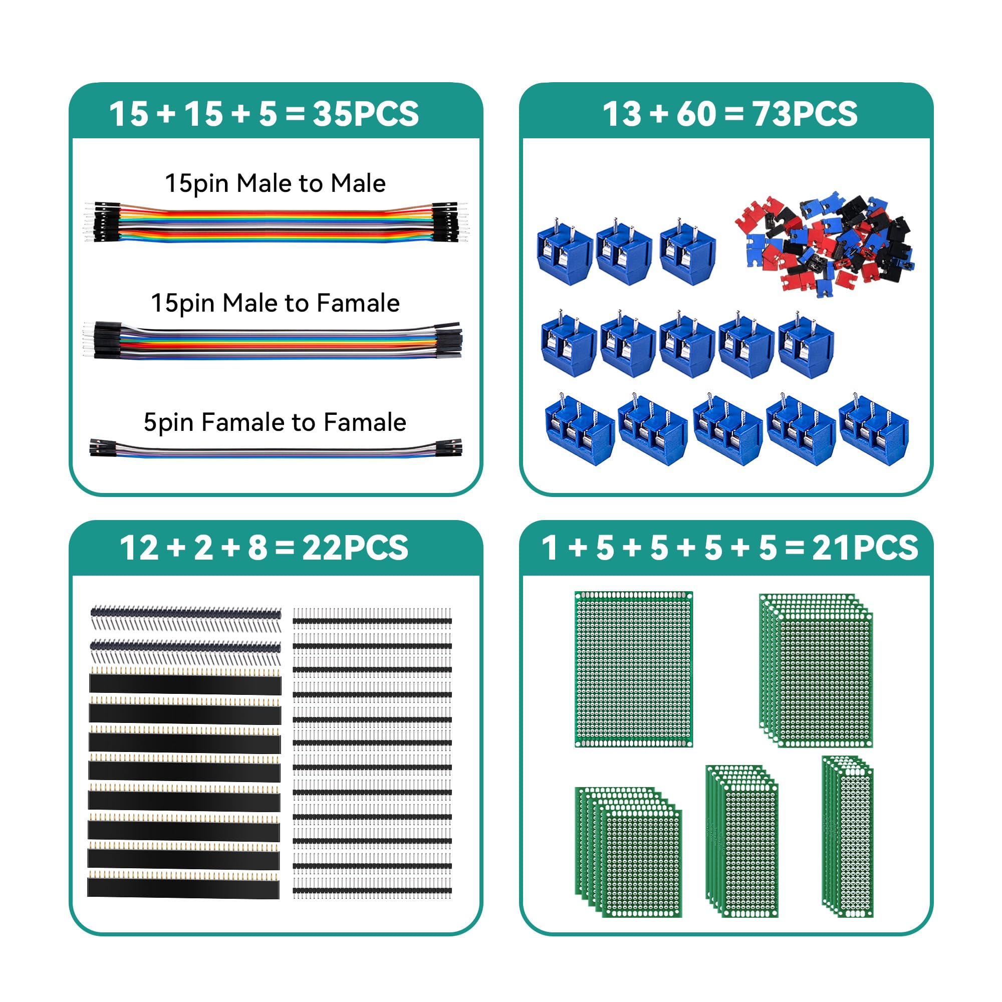 Miuzei 151 pezzi PCB Board Kit, 21 schede forate double face, 22 bande per penne, 13 morsetti a vite, 35 cavi ponticelli compatibili con Arduino per progetti elettronici fai da te