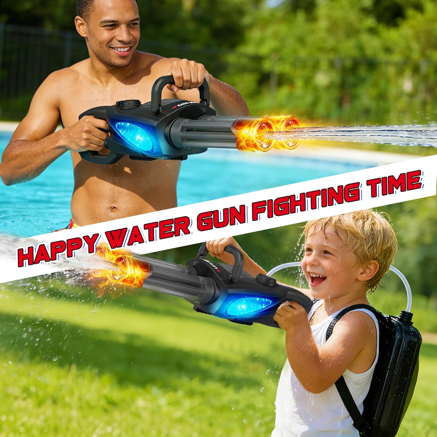 Gatling Electric Water Gun for Kids & Adults - Rotating Double Barrel Squirt Gun with Stand and LED Light, Long Range Automatic Water Guns with Backpack, Outdoor Water Blaster Pistol Pool Party Toys