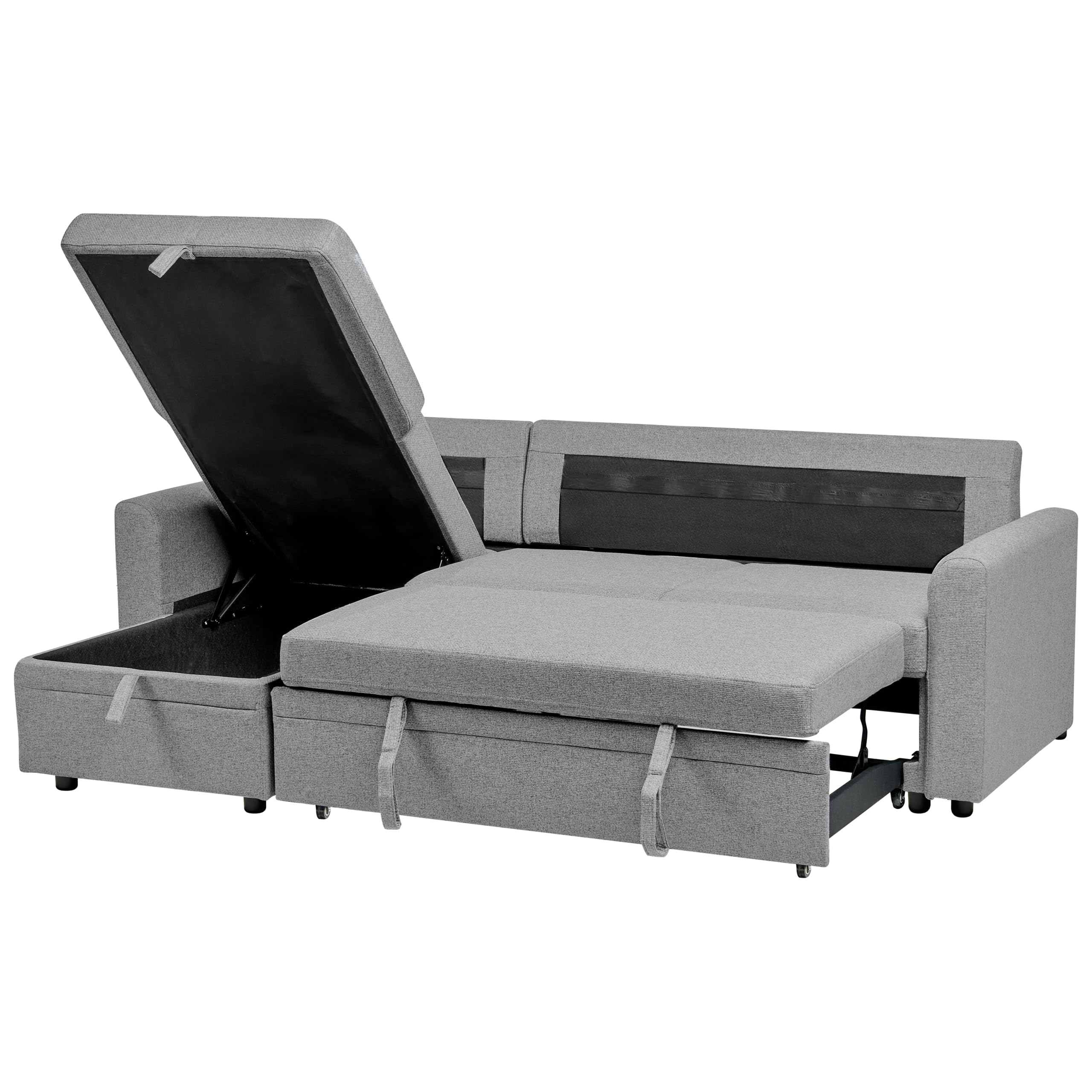 Nowoczesna sofa narażona rozkładana przechowywanie narożnik tapicerowany prawostronny oparcie z dodatkowymi poduszkami szara Nassjo