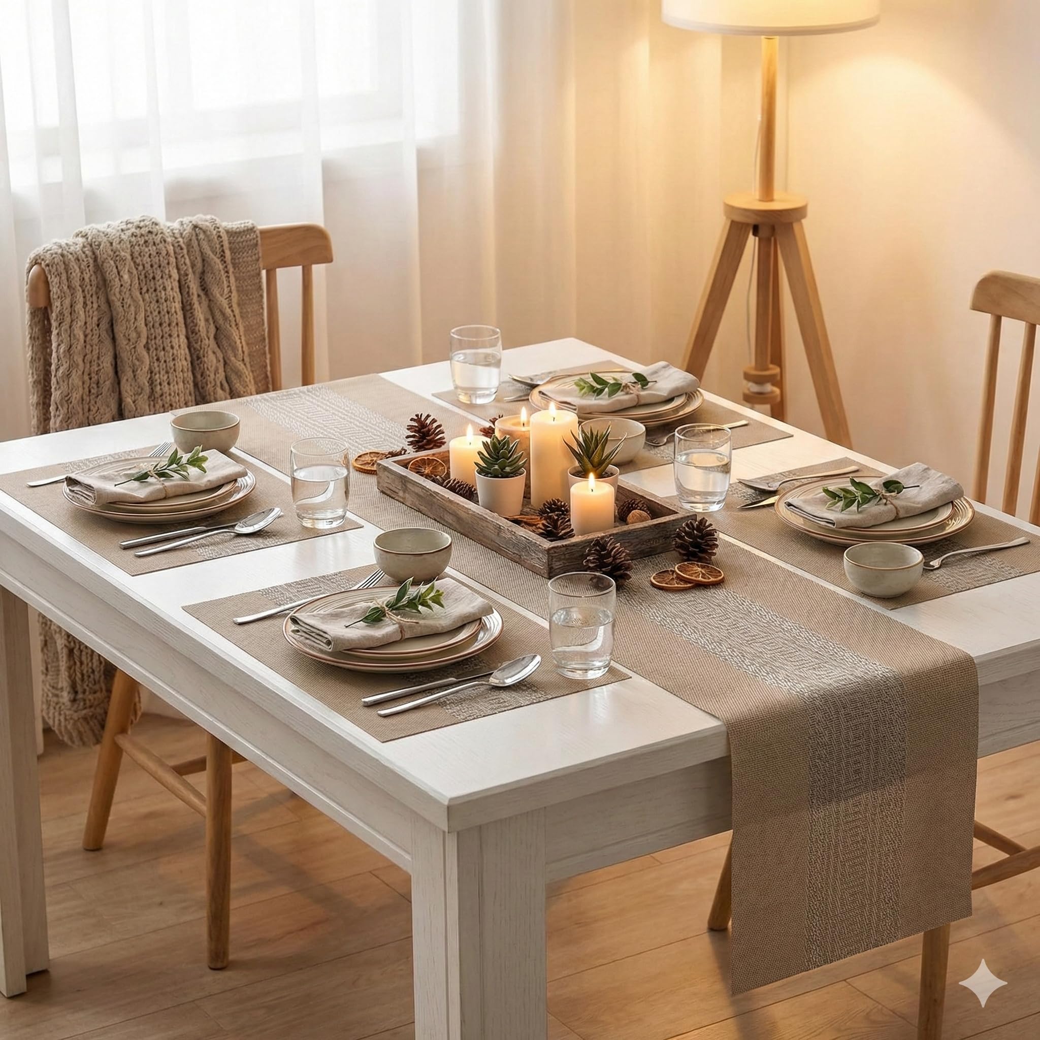 YELONA Placemats and Table Runner Set – Heat Resistant, Non-Slip & Washable PVC Vinyl Dining Table Mats – Peanut Brown (4 Placemats: 45x30 cm, 1 Runner: 180x30 cm)