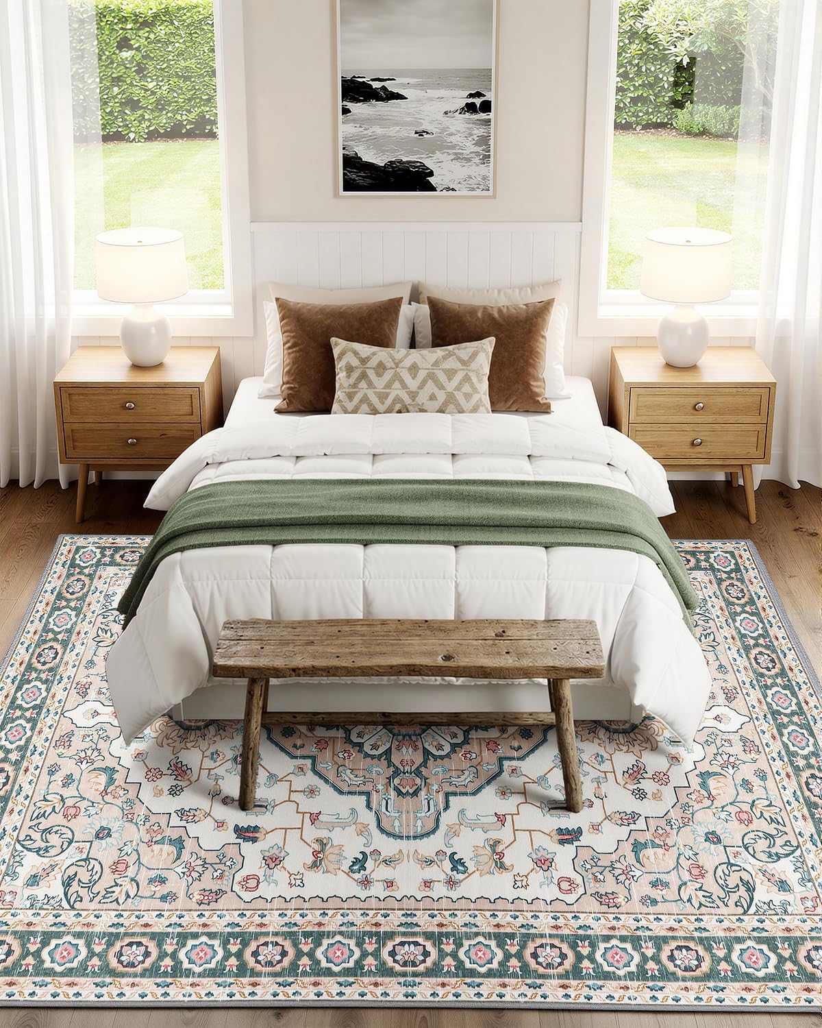 MINIDEAR 5x7 Area Rugs for Living Room, Dining Room Rug, Washable Rugs for Bedroom Non Slip Vintage Rug with Floral Print Carpet Mat for Home, Khaki