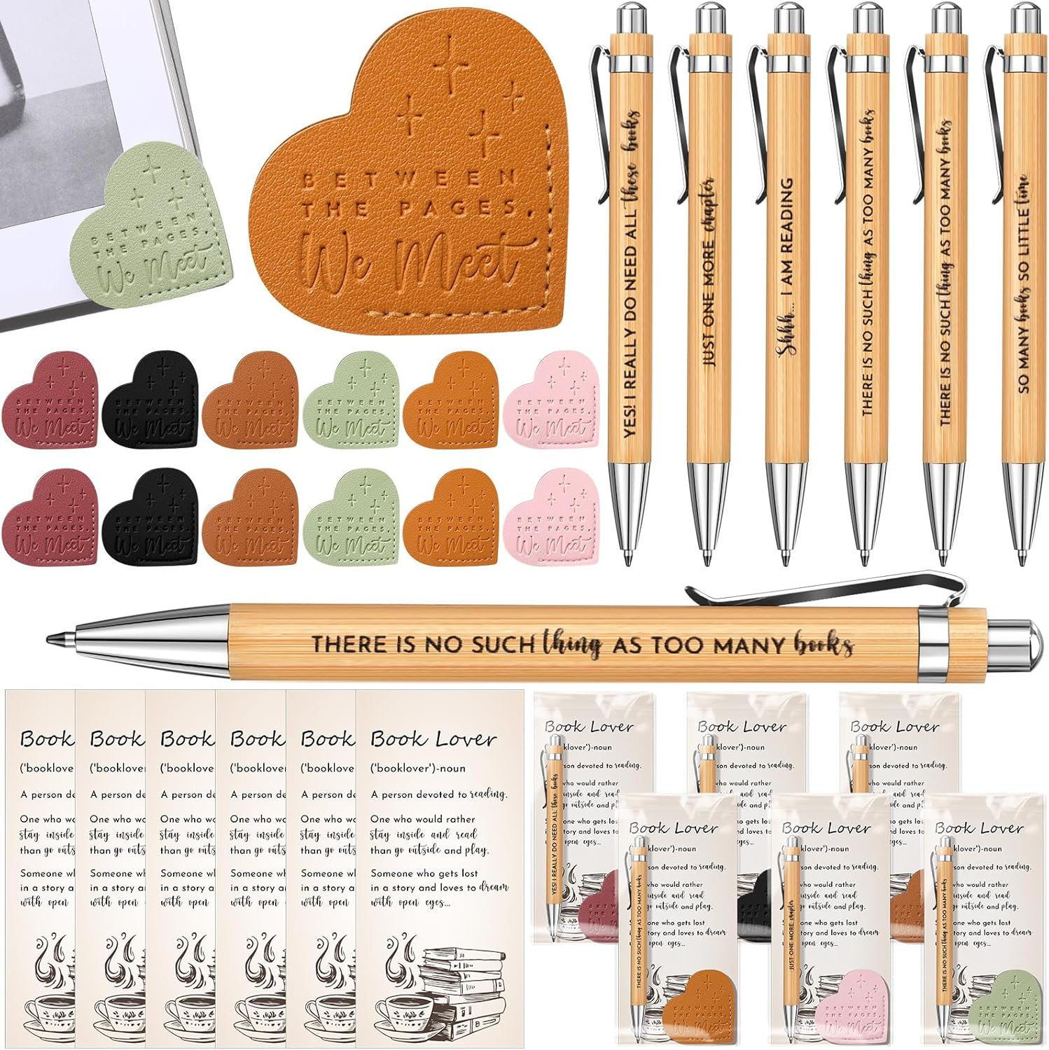 48 Set Book Lover Gifts Bulk Book Club Gift Bamboo Pens with Motivational Paper Cards Leather Heart Bookmarks for Graduation Teachers Student Bookish Worm Reader Librarian