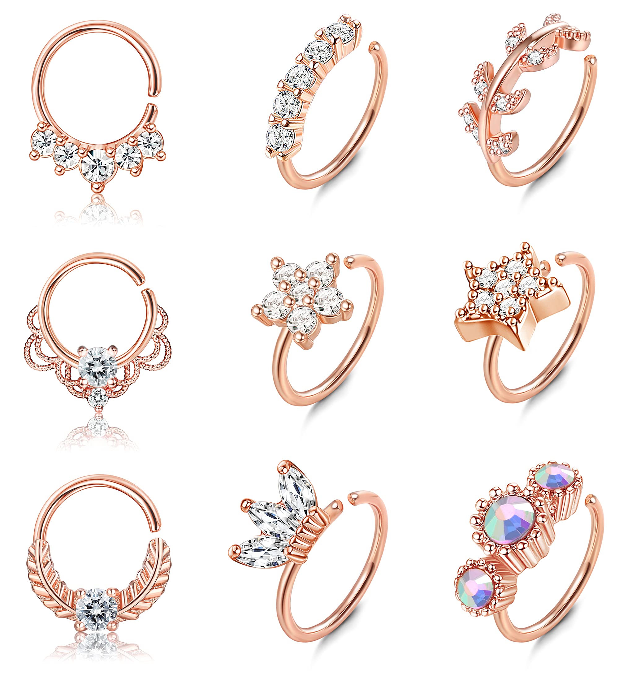 Kakonia Unids 20G Anillos de Nariz de Acero Inoxidable Aro para Mujeres Hombres Pavimentado CZ Lindo Cartílago Helix Pendientes Aro Piercing de Cuerpo para Nariz Oreja