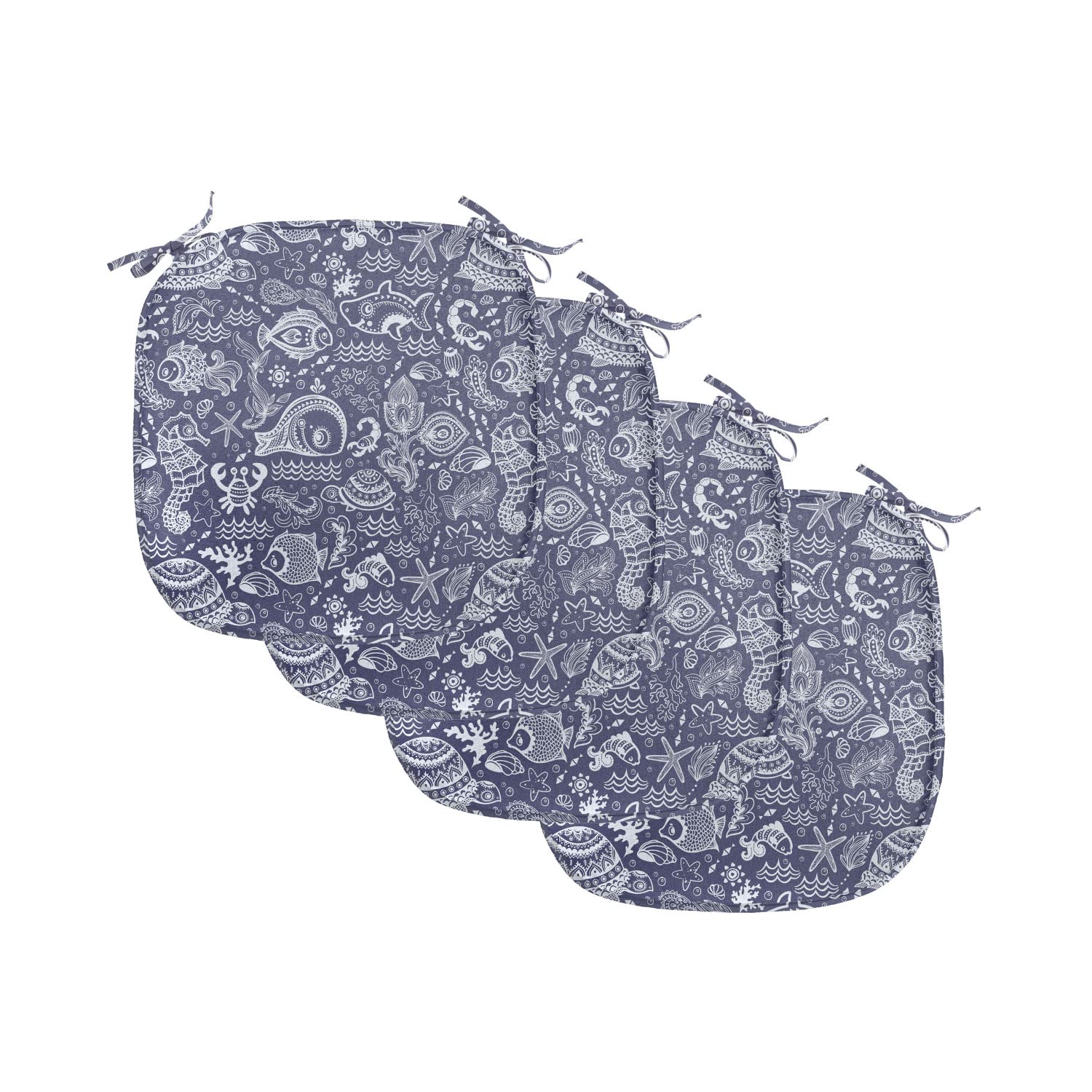 Lunarable Underwater Chair Seating Cushion Set of 4, Monochrome Ocean Theme with Various Aquatic Life Forms Shark Swirls Dots, Anti-Slip Seat Padding for Kitchen & Patio, 16"x16", Cadet Blue White