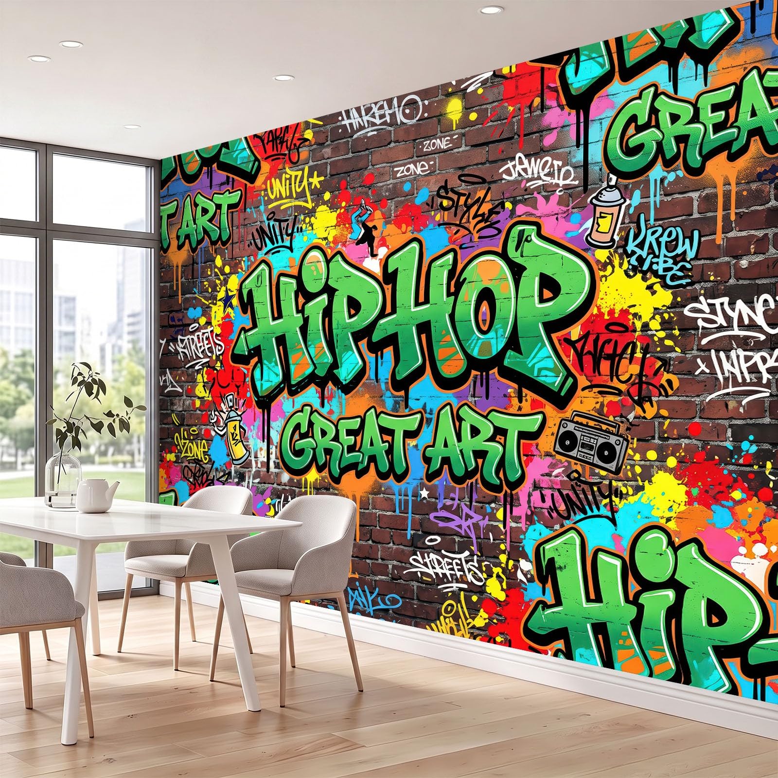Modern Graffiti Wald Panorama Fototapete 400 x 280 cm, Tintenspritzer Buchstaben Ziegelwand Vlies Tapeten Wandtapete, Bunt Wandbilder Tapete für Wohnzimmer Schlafzimmer Apartment Flur Dekoration