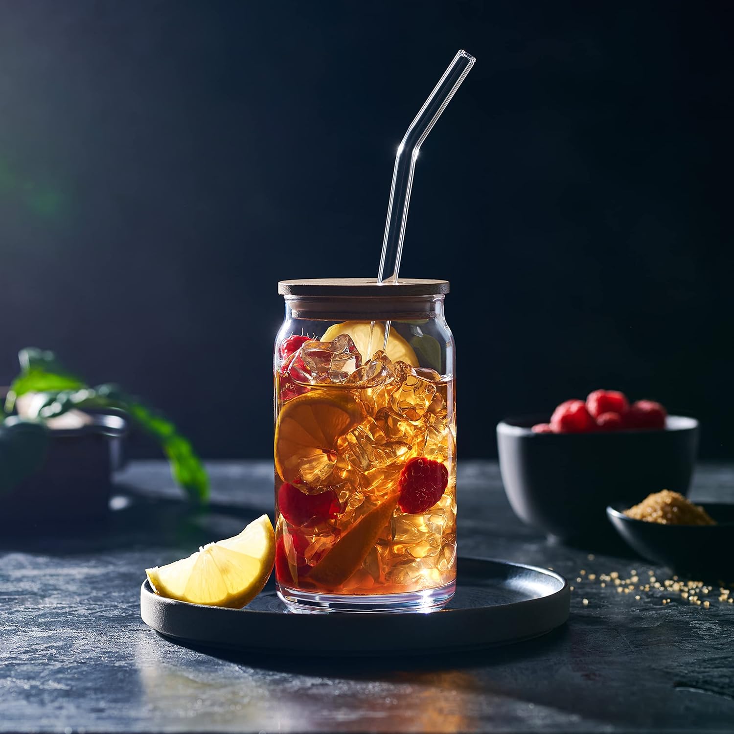 Le'raze Set of 4 Patented Can Shaped® Drinking Glasses with Bamboo Lids & Straws - 16oz Clear Water Cups for Iced Coffee, Tea, Cocktails, Whiskey, Soda - Tumbler Cup - Image 4