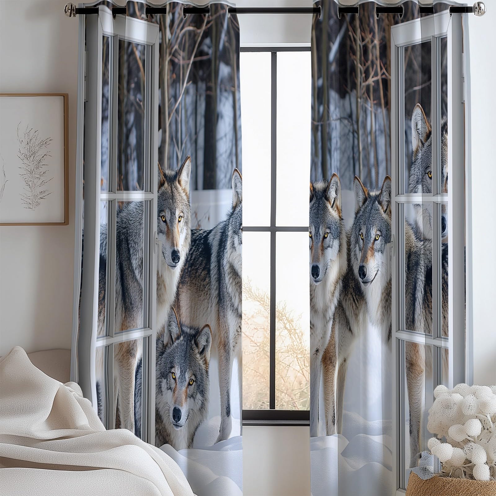 Rideau Occultant Lot de 2 Thermique Isolant Anti Froid Chaleur Fenêtre 3D Animaux Neige Opaque Œillets Blanc Gris 85x200 cm
