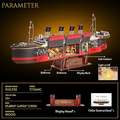 Miniatura 5 de Rompecabezas de madera 3D modelo Titanic para adultos, juego de kit de modelo Titanic, juguetes Titanic para adultos adolescentes con luz LED, sala