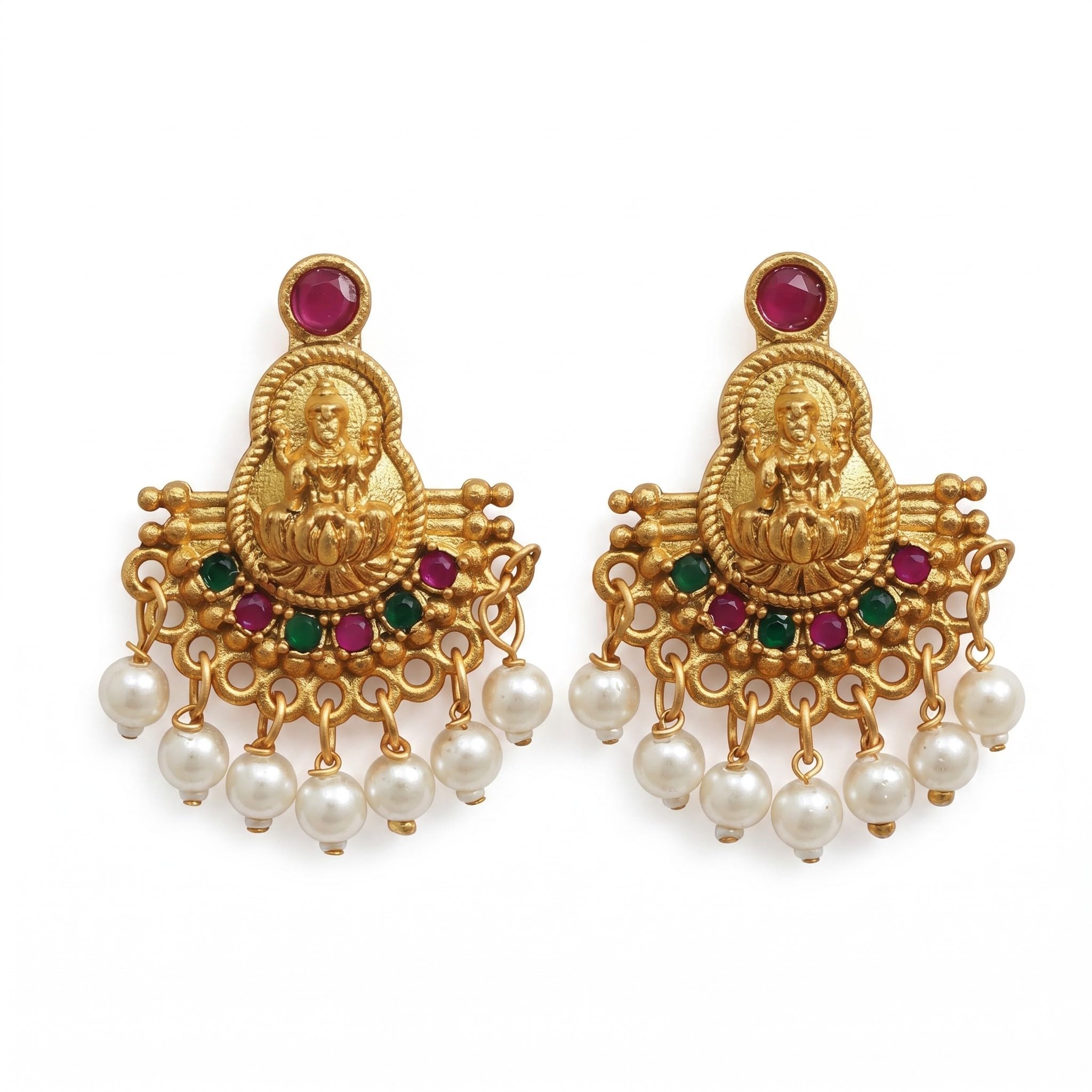 Traditional Gold-Plated Temple Lakshmi Jhumki Earring for Women with Pearl Drops, Ruby and Emerald Stones-picture-26