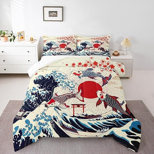 Miniatura 23 de Erosebridal Juego de edredón tamaño individual samurái de estilo japonés para niños y adultos, juego de ropa de cama de calavera roja y negra,