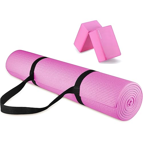 BalanceFrom All Purpose 1/4-Inch High Density Anti-Tear Exercise Yoga Mat with Carrying Strap and Yoga Blocks