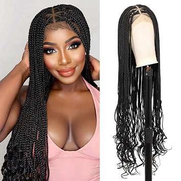 KERNORV Full Lace Knotless Braided Wigs for Black Women Boho Curly Braided Wigs Box Braid Wig with Baby Hair Premium Synthetic Boho Box Braided Wig with Curly Ends, 36" Black