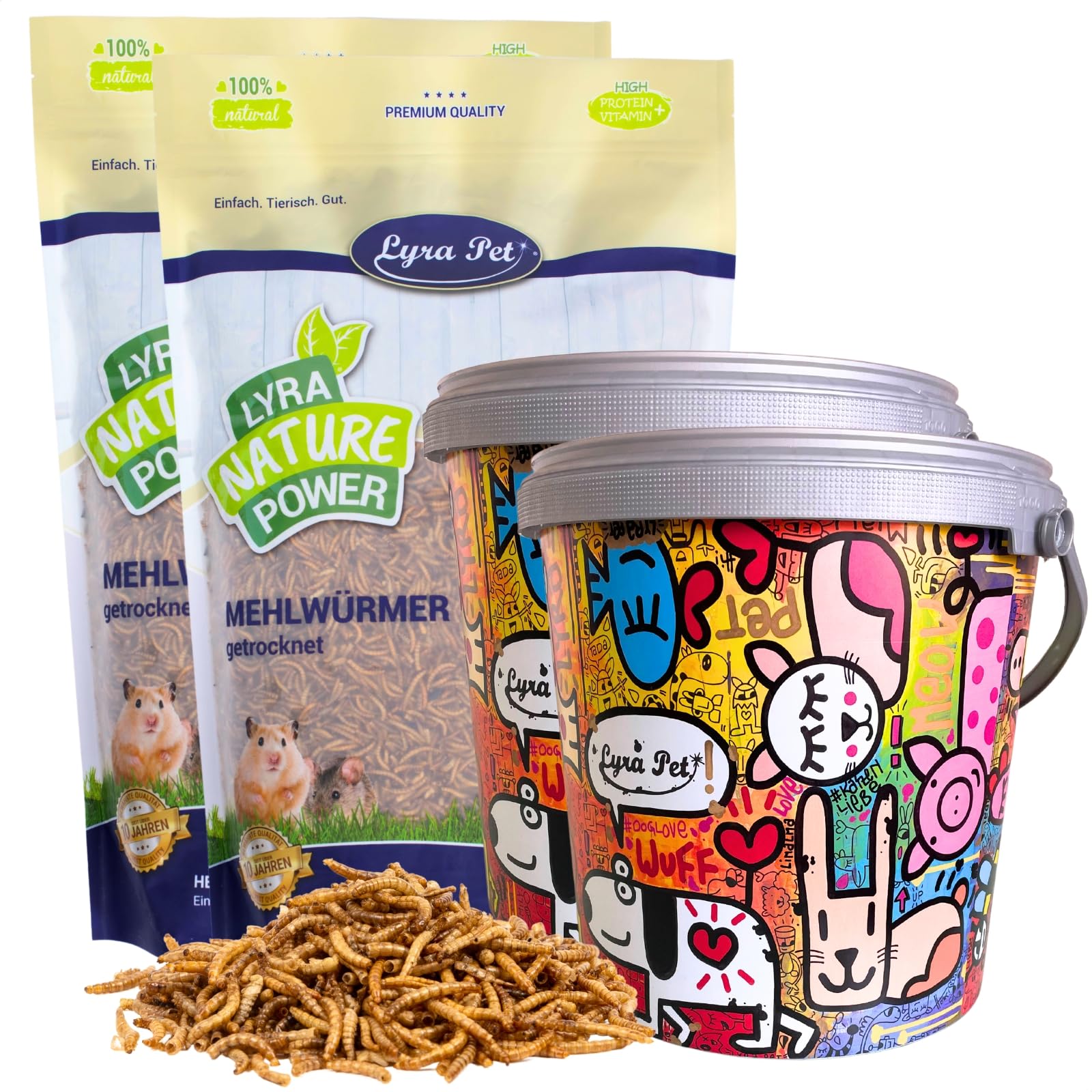 Lyra Pet® 2 x 10 Liter Mehlwürmer getrocknet in 10 L Design Eimer | Proteinreiches Vogelfutter - Nahrhafter Energiespender für Insektenfresser - Vitamine & Mineralstoffe - Für viele Tiere