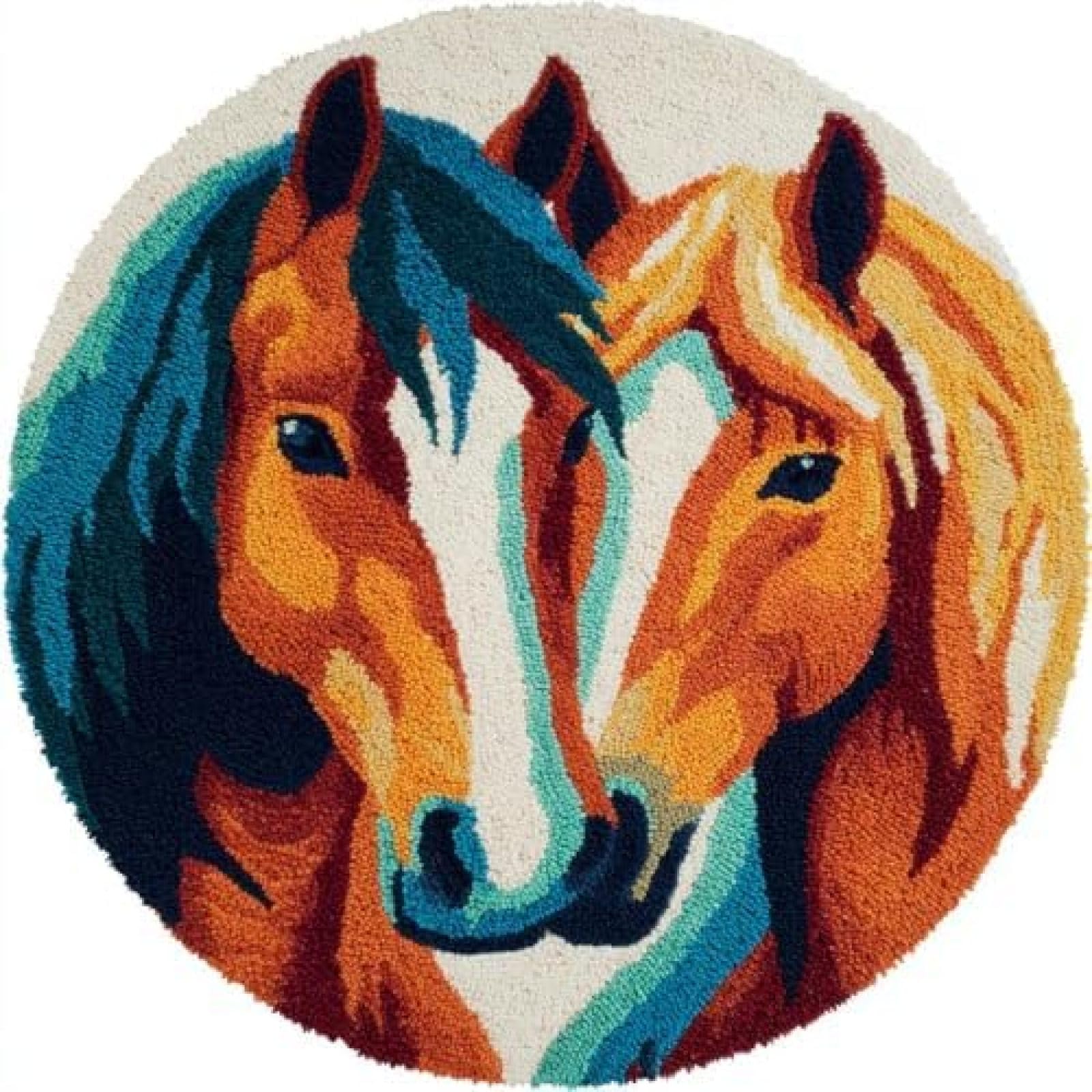 XDEGHUANGSS Latch Hook Rug Kit Two Brown Horse Round Rug 52x52cm