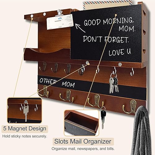 Miniatura 5 de Soporte para llaves y correo de granja para decoración de pared, organizador rústico de correo y llaves para pared con diferentes ganchos, pizarra,