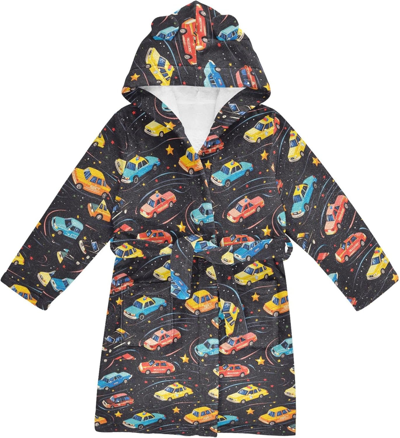 Police Cars Taxi Cars Black Bathrobe Hooded PJ Robe Plush Fleece Robe Pajama Sleepwear 2-12 Years
