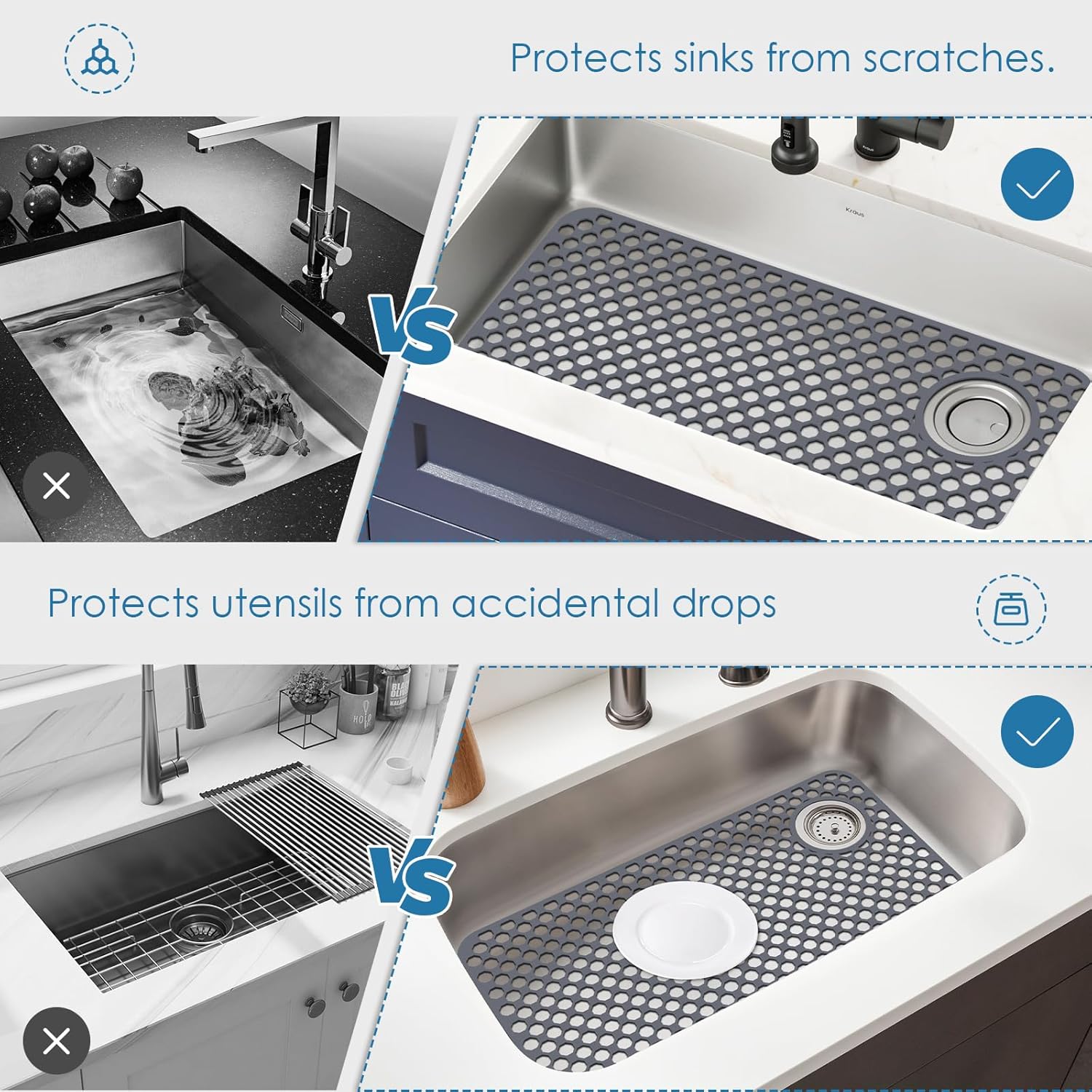 Flytime Silicone Sink Protectors for Kitchen Sink with Right Side Top Hole, 28.35"x 14.37" Kitchen Grid Accessory, Non-Slip Heat-Resistant Mat for Bottom of Farmhouse Porcelain Stainless Steel