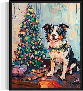 Australian Shepherd Christmas Wall Art Print Poster, Dog Pet Lover Picture Painting Artwork Bedroom Living Room Office Dining Room 150 (Australian Shepherd Christmas, 8 x 10 inches, Unframed)