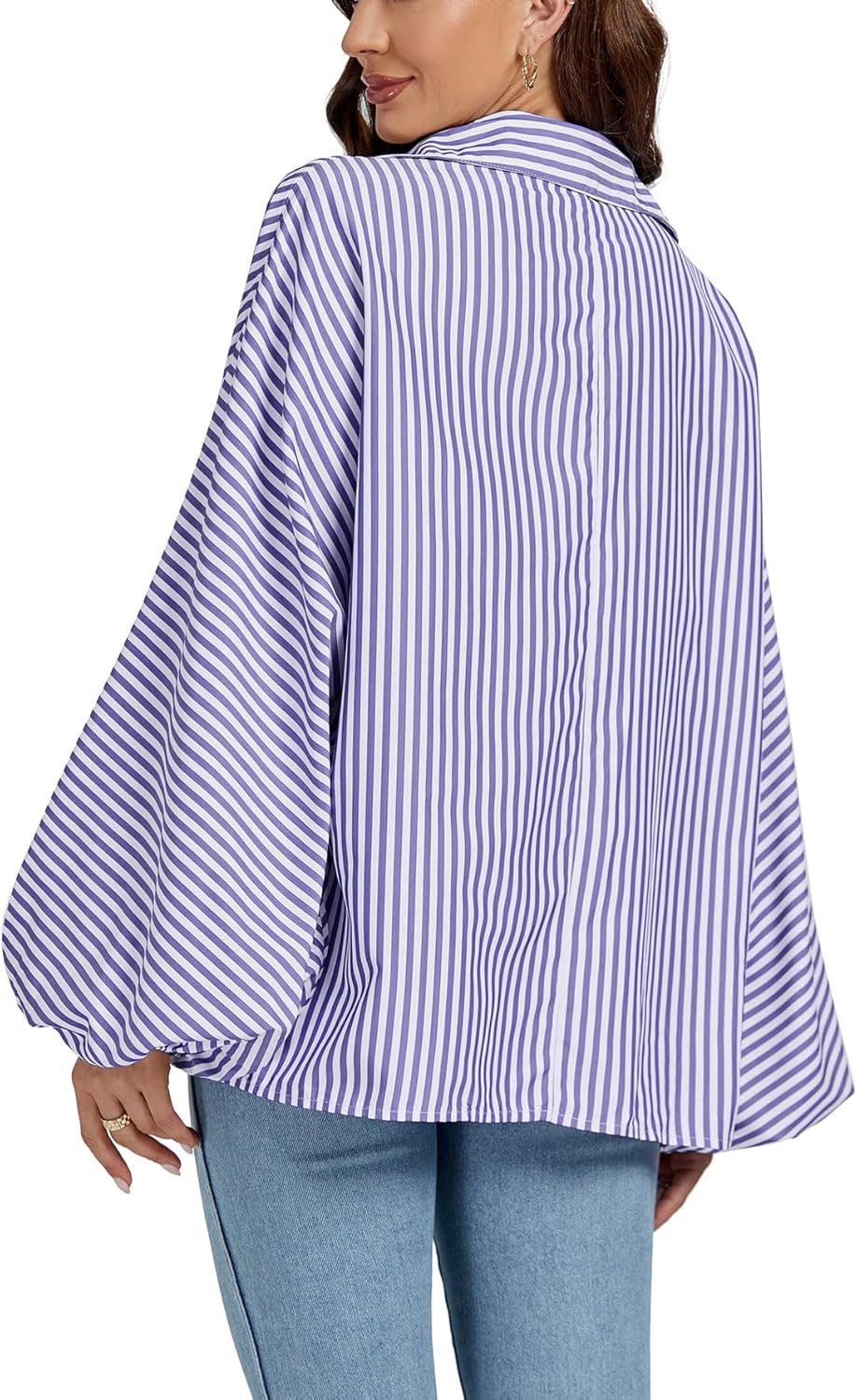 OPOIPIN Women's Striped Print Bishop Long Sleeve Collar V Neck Button Down Blouse Shirt Top - Image 2