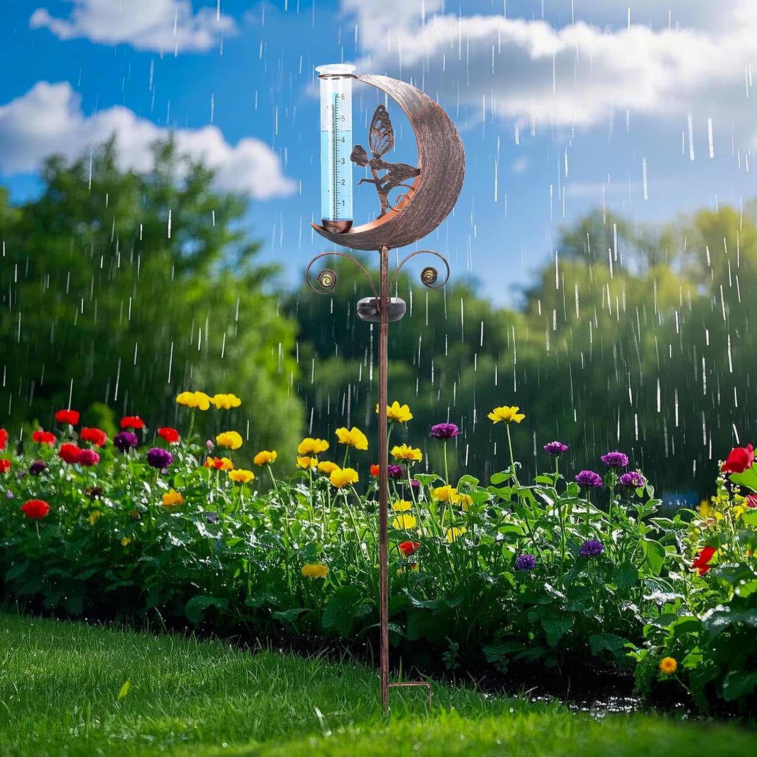 WONDER GARDEN Solar Rain Gauge Outdoor, Decorative Moon Fairy Rain Gauges Outdoors Best Rated, Freeze Proof Water Rain Measure Gauge for Yard Patio Lawn Garden Decor