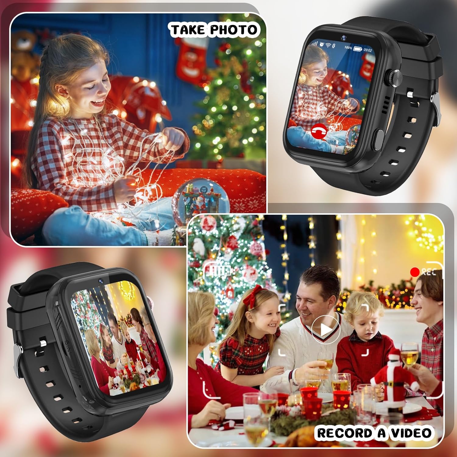 Collage showing a child taking a photo with the smartwatch and a family recording a video, highlighting the camera and video recording features.