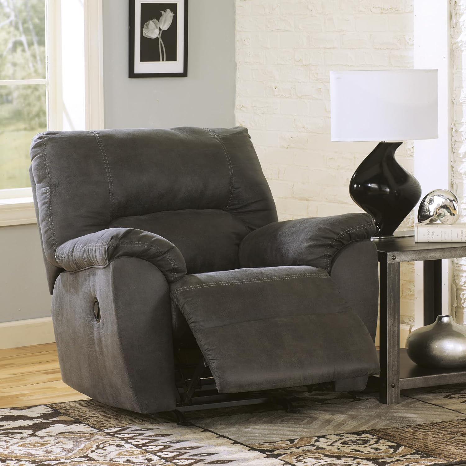 Signature Design by Ashley Tambo Faux Leather Manual Rocker Recliner, Gray