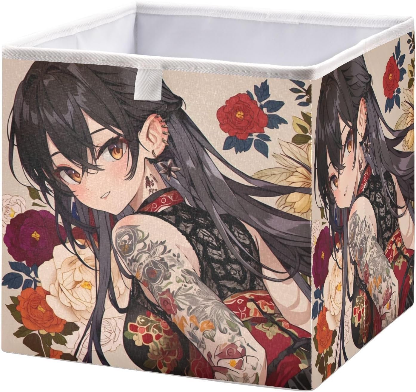 Foldable Fabric Woman Anime Floral Storage Bins with Handle – Sturdy Organizer Cubes for Bedroom Rectangular