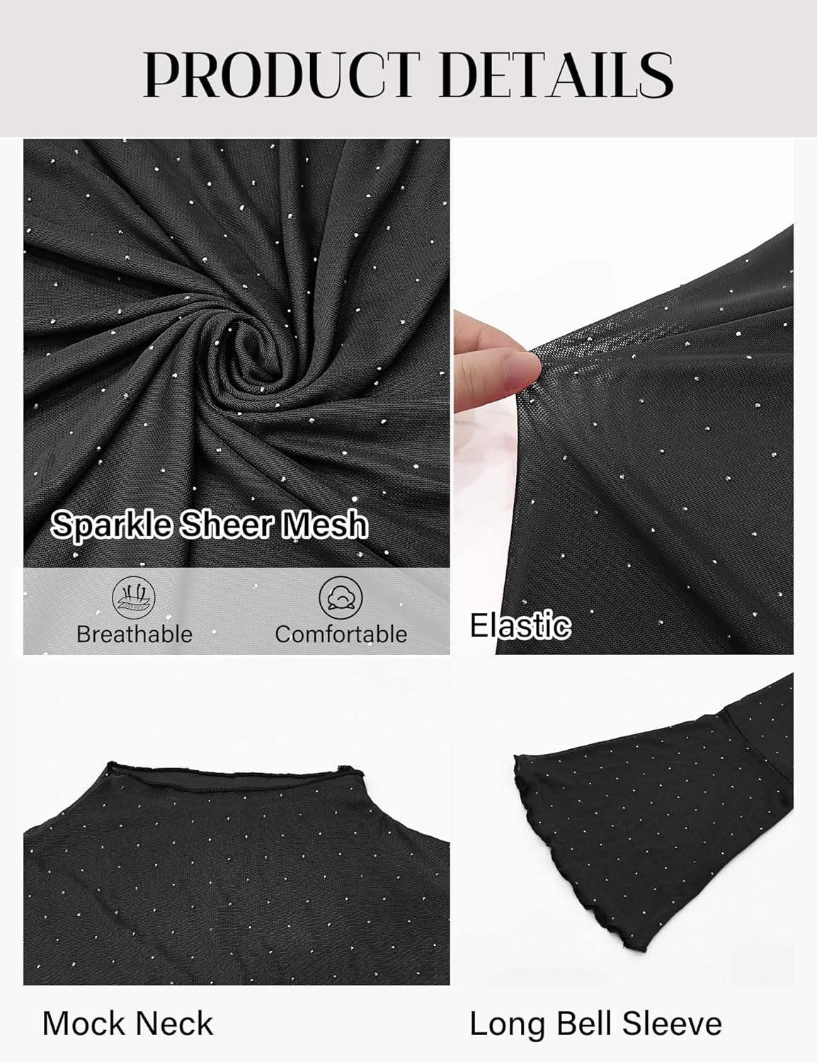 BBX Lephsnt Women Mesh Tops Rhinestone Tops Long Sleeve Sheer Blouse See Through Shirt Sparkle Glitter Shirts Lace Tops - Image 6