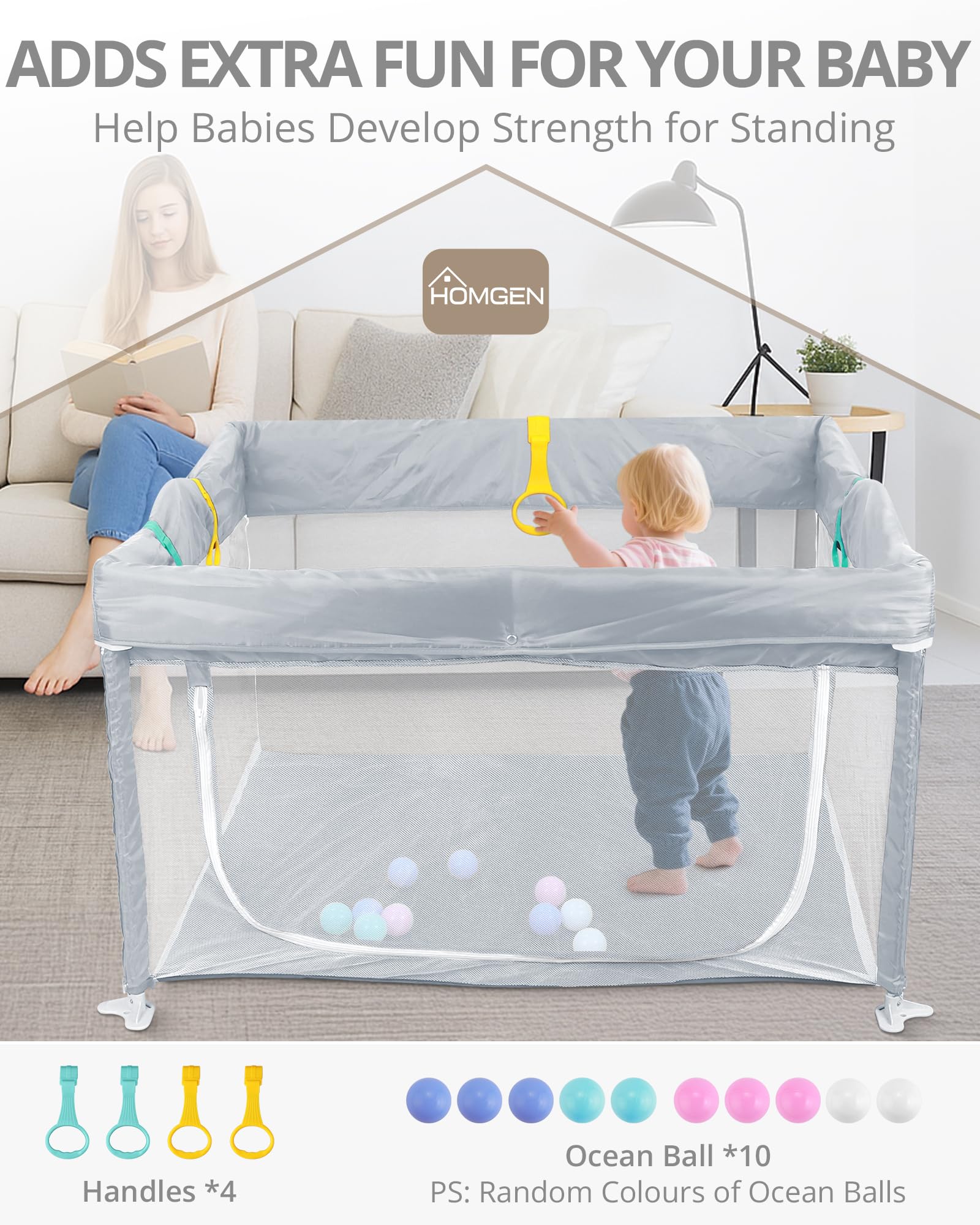 HOMGEN Parco Pieghevole per Bambini 120x120cm con Tessuto Oxford Lavabile Recinto per Neonati Pieghevole con Pallini e Maniglie, Box Bambini Montaggio Zero Porta con Zip Esterno - Grigio