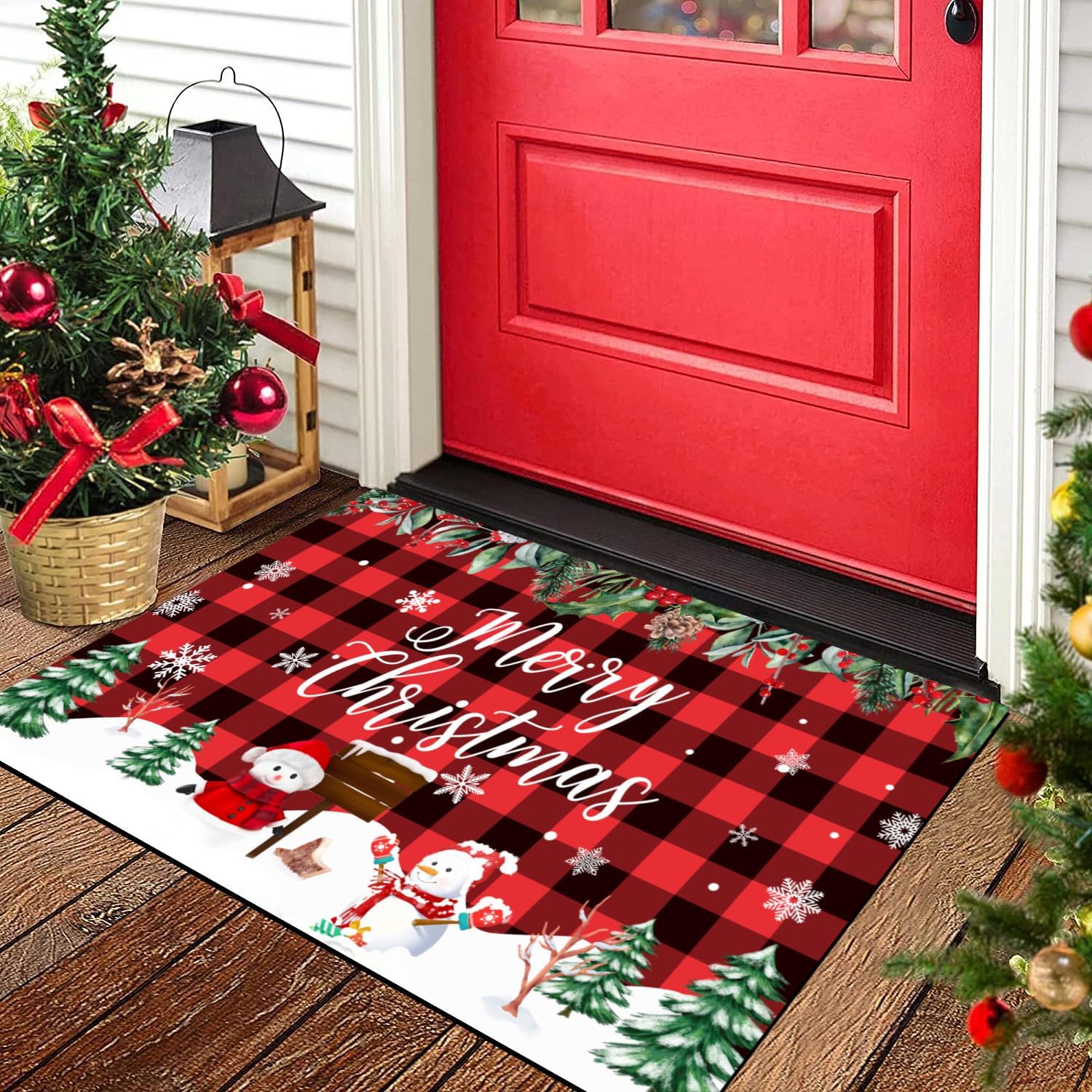 LHLJOYU Christmas Doormat Snowman Christmas Tree Red Black