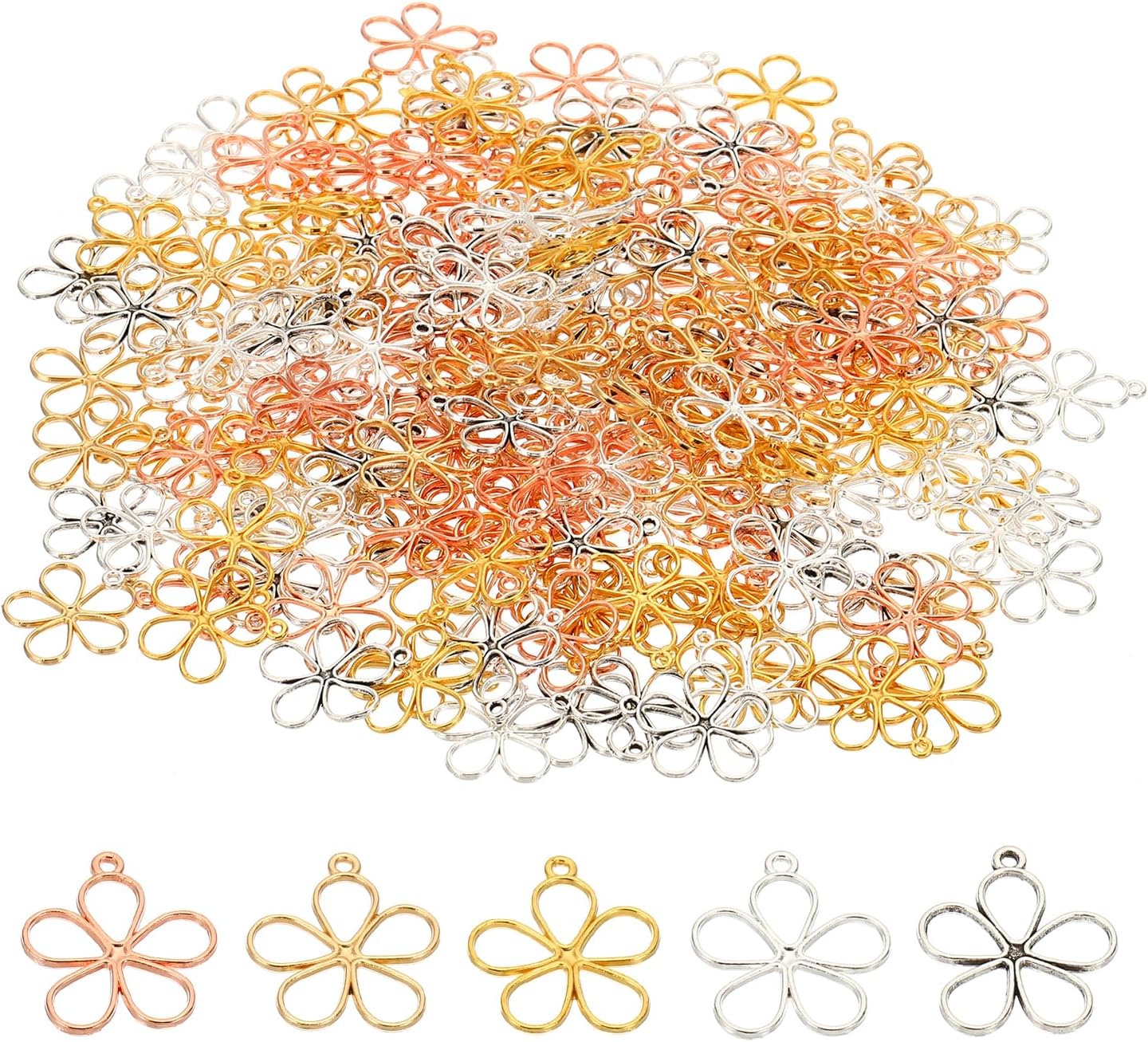 PATIKIL Jewelry Making Charm, 200Pcs Plastic Flower Pendants Hollow Flower Charm for DIY Necklace Bracelet Earring Crafts, 5 Colors