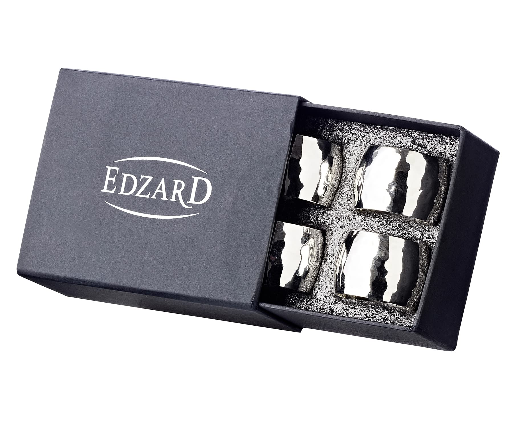 EDZARD 4er Set Serviettenring Flux, gehämmert, edel versilbert, Durchmesser 4 cm
