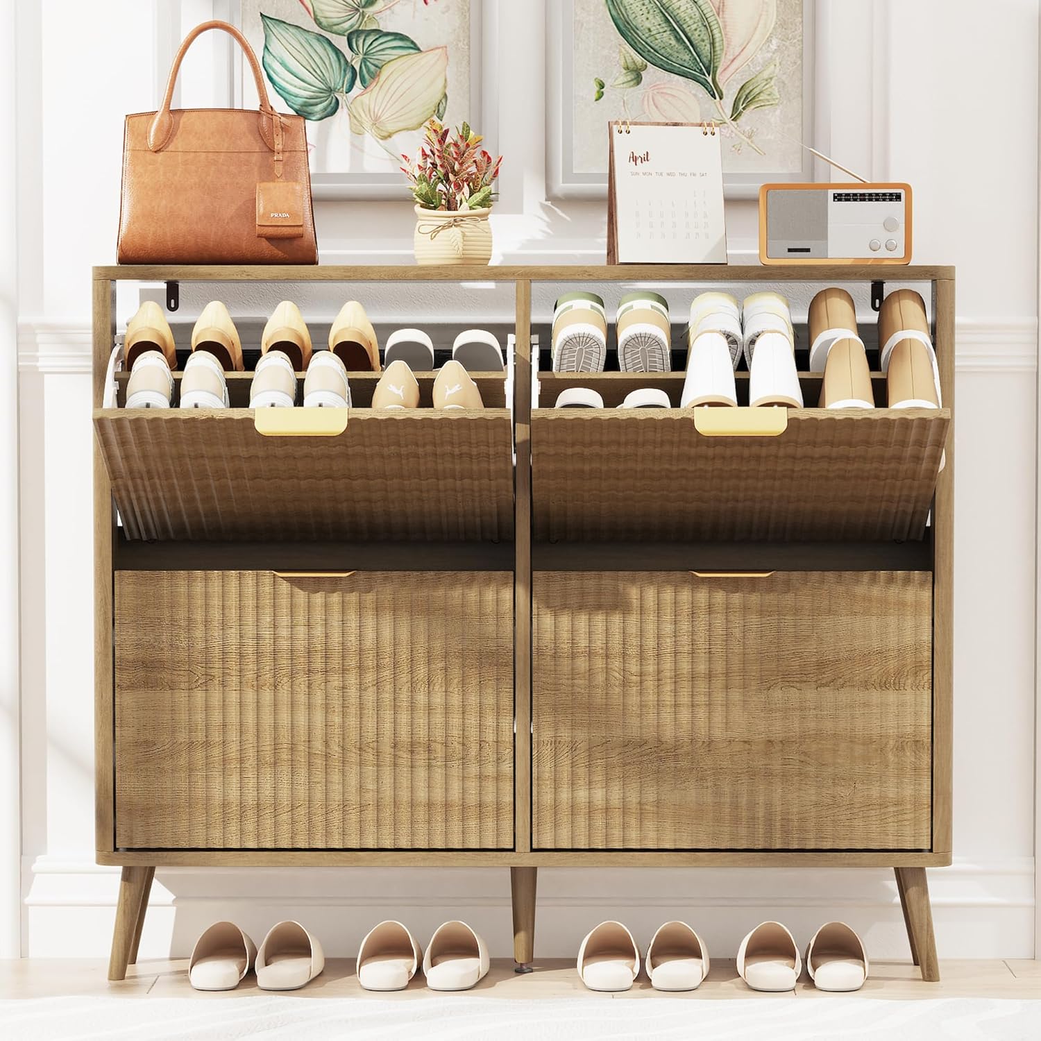 KIGOTY Narrow Shoe Storage Cabinet, Shoe Cabinet with 4 Flip Drawers, Freestanding Shoe Organizer with Legs for Entryway, Slim Shoe Rack Cabinet for Enterway (Light Brown, 4 Flip Drawer)