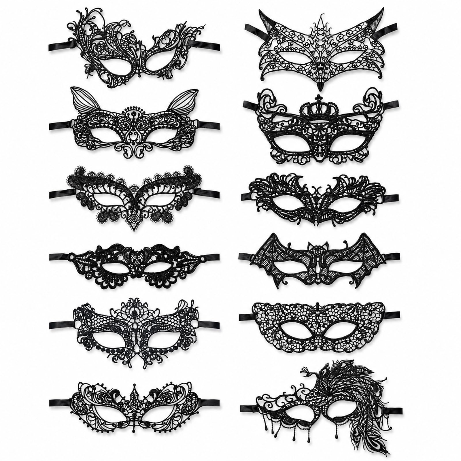 NoraGlaze 12-Pack Black Lace Masquerade Mask, Half Face Eye Mask for Women