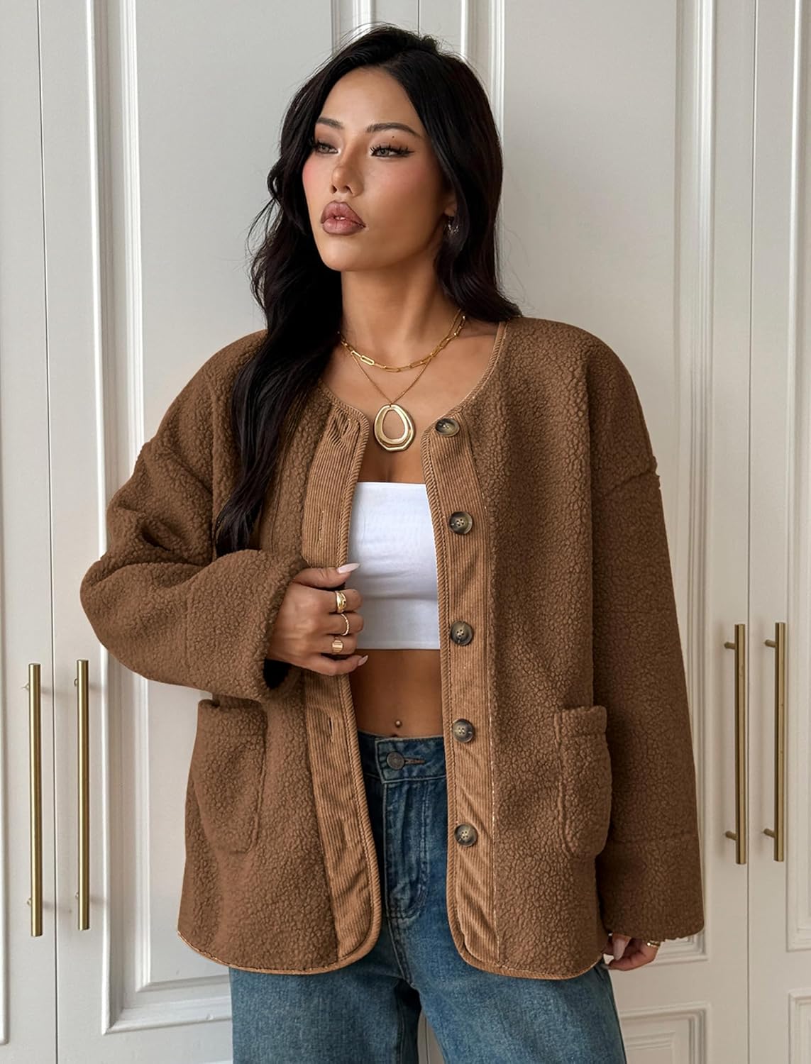 ZAFUL Women's Faux Fur Sweatshirt Long Sleeve Button Down Pockets Winter Coat Fleece Sherpa Jackets Outerwear - Image 4