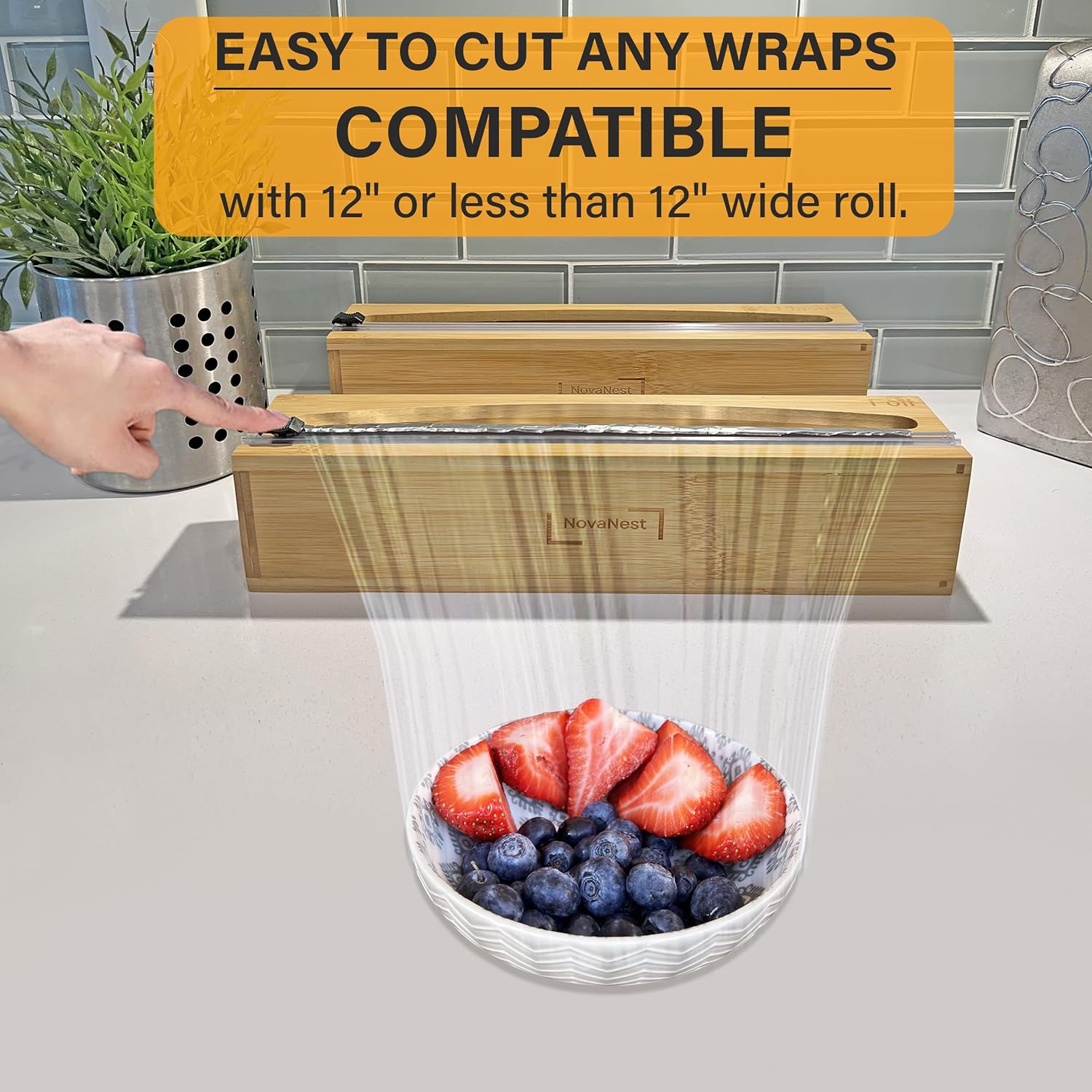 Wrap Organizer Dispenser with Cutter, (2 Piece Set), Fits 12" Rolls, Plastic Wrap, Aluminum Foil, Wax Paper, Saran Wrap, Cling Wrap Holder for Kitchen Storage, Mountable, Bamboo