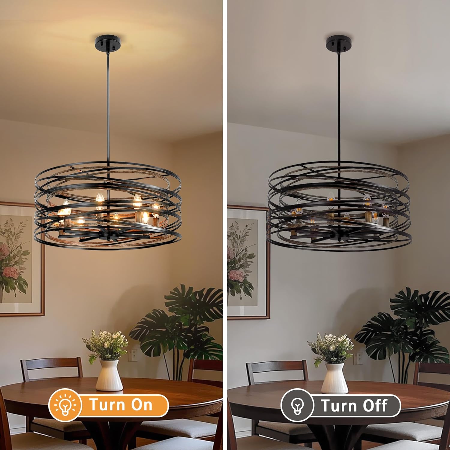 Black Farmhouse Chandeliers for Dining Room,8 Lights Farmhouse Dining Room Light Fixture 23.6" Wood Grain Metal Chandelier Rustic Large Kitchen Chandelier for Entryway Foyer