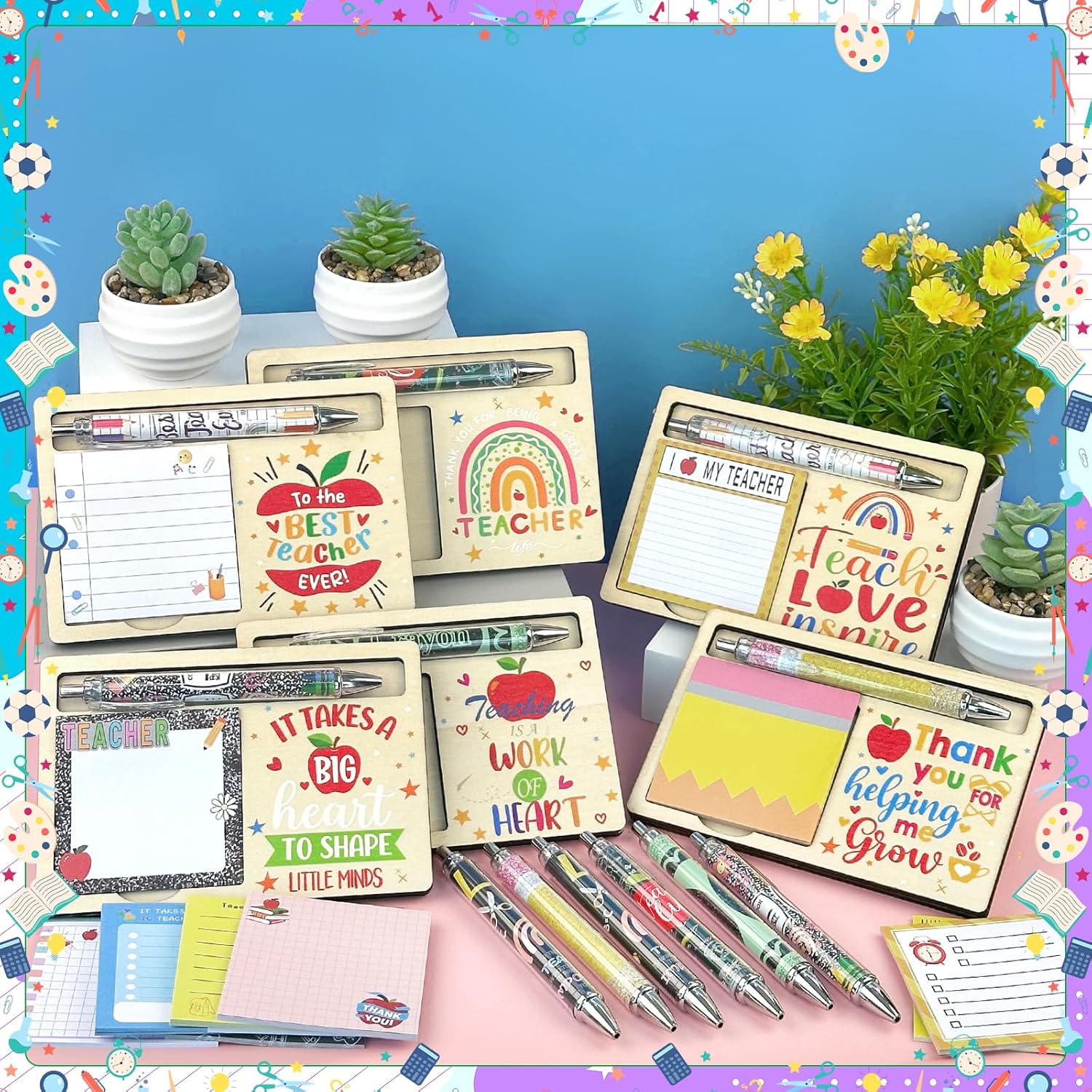 36 Pcs Teacher Appreciation Gifts in Bulk Set Wooden Pad Holder and Sticky Notes with Ballpoint Pens Wooden Sticky Note Holder Set Back to School Teacher Gifts Sticky Note Organizer for Classroom