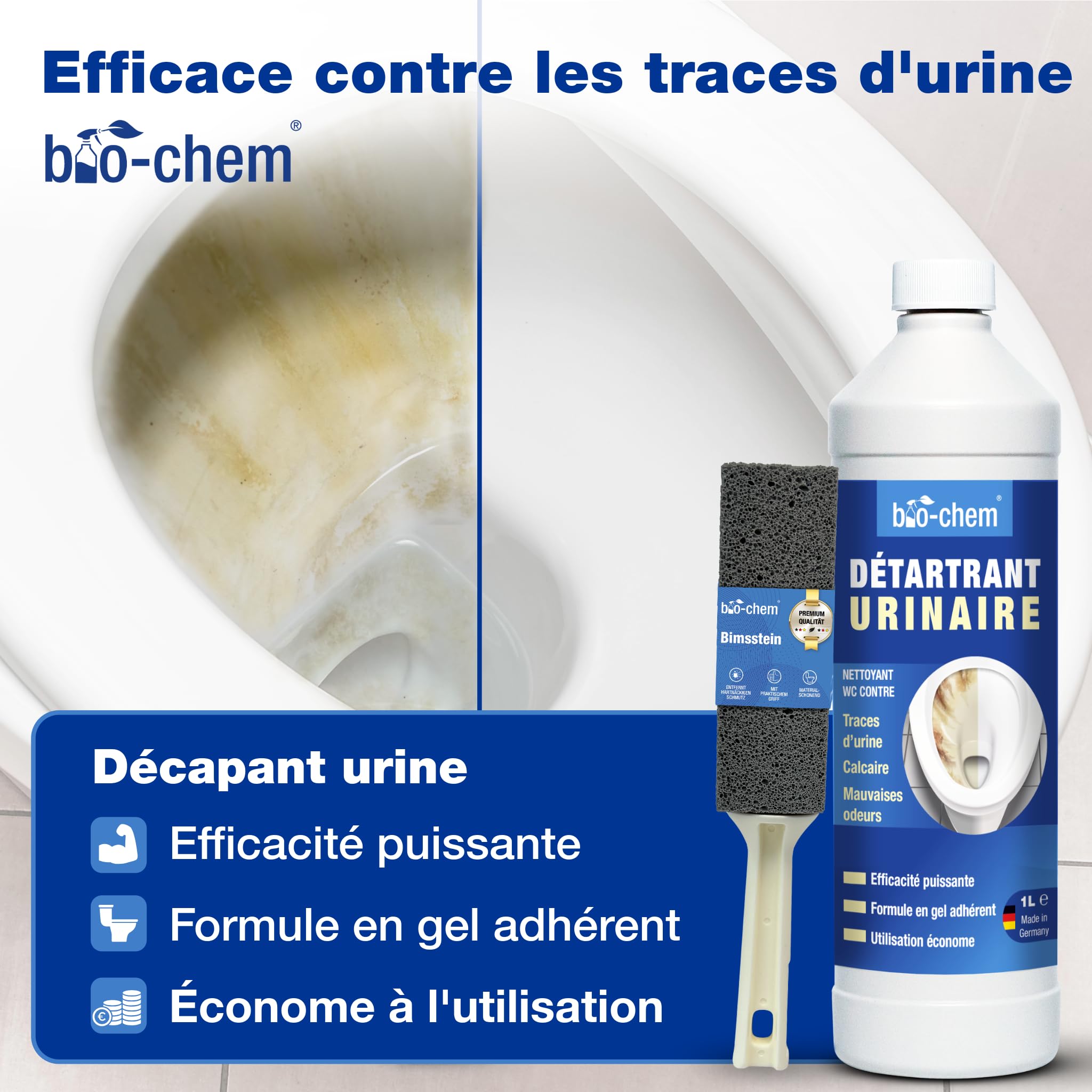 bio-chem Set de 9 nettoyants pour salle de bain, douches, WC | Déboucheur canalisation 1L - Décapant urine et calcaire 1L - Produit surfaces salle de bain 750ml + accessoires
